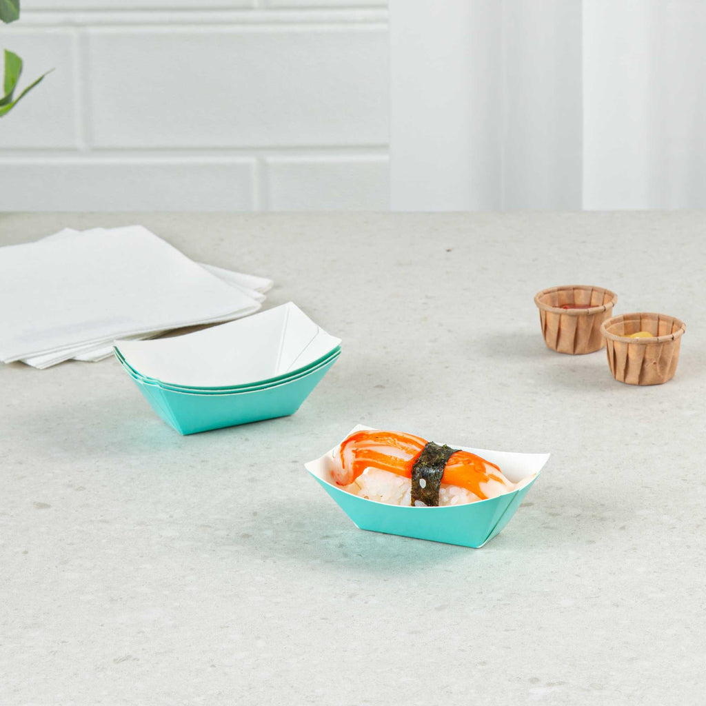 Bio Tek 2 oz Turquoise Paper Food Tray / Boat - 3 1/4" x 2 1/4" x 1 1/4" - 400 count box