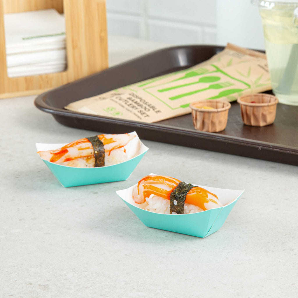 Bio Tek 2 oz Turquoise Paper Food Tray / Boat - 3 1/4" x 2 1/4" x 1 1/4" - 400 count box