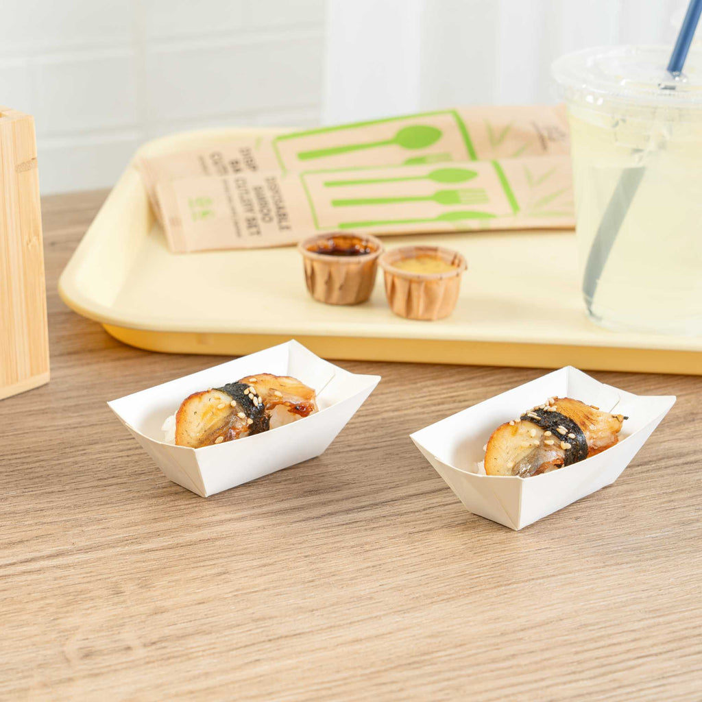 Bio Tek 2 oz White Paper Food Tray / Boat - 3 1/4" x 2 1/4" x 1 1/4" - 50 count box
