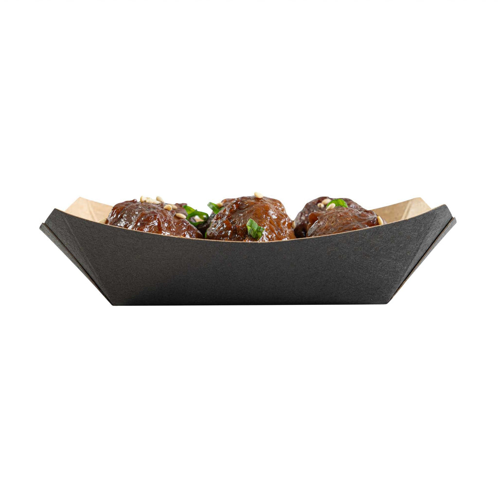 Bio Tek 4 oz Black Paper #25 Food Tray / Boat - 3" x 2" x 1" - 50 count box
