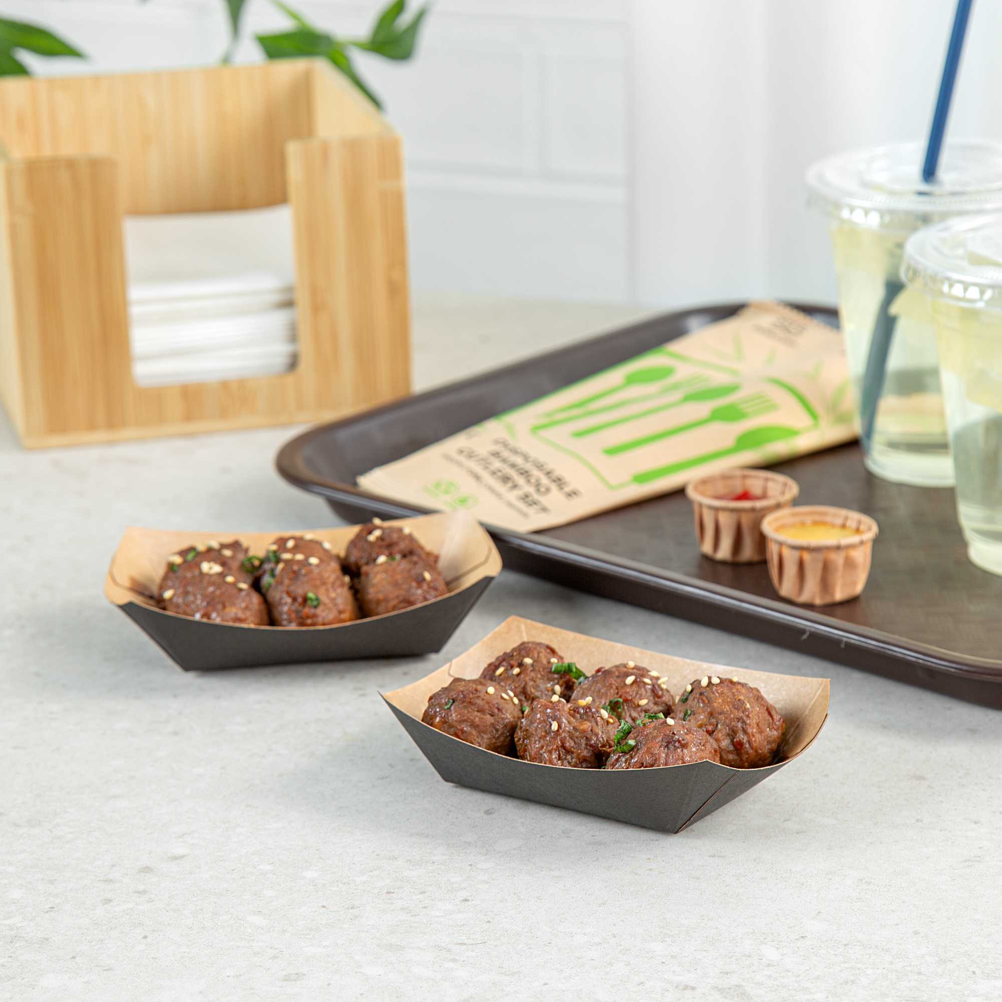 Bio Tek 4 oz Black Paper #25 Food Tray / Boat - 3" x 2" x 1" - 50 count box