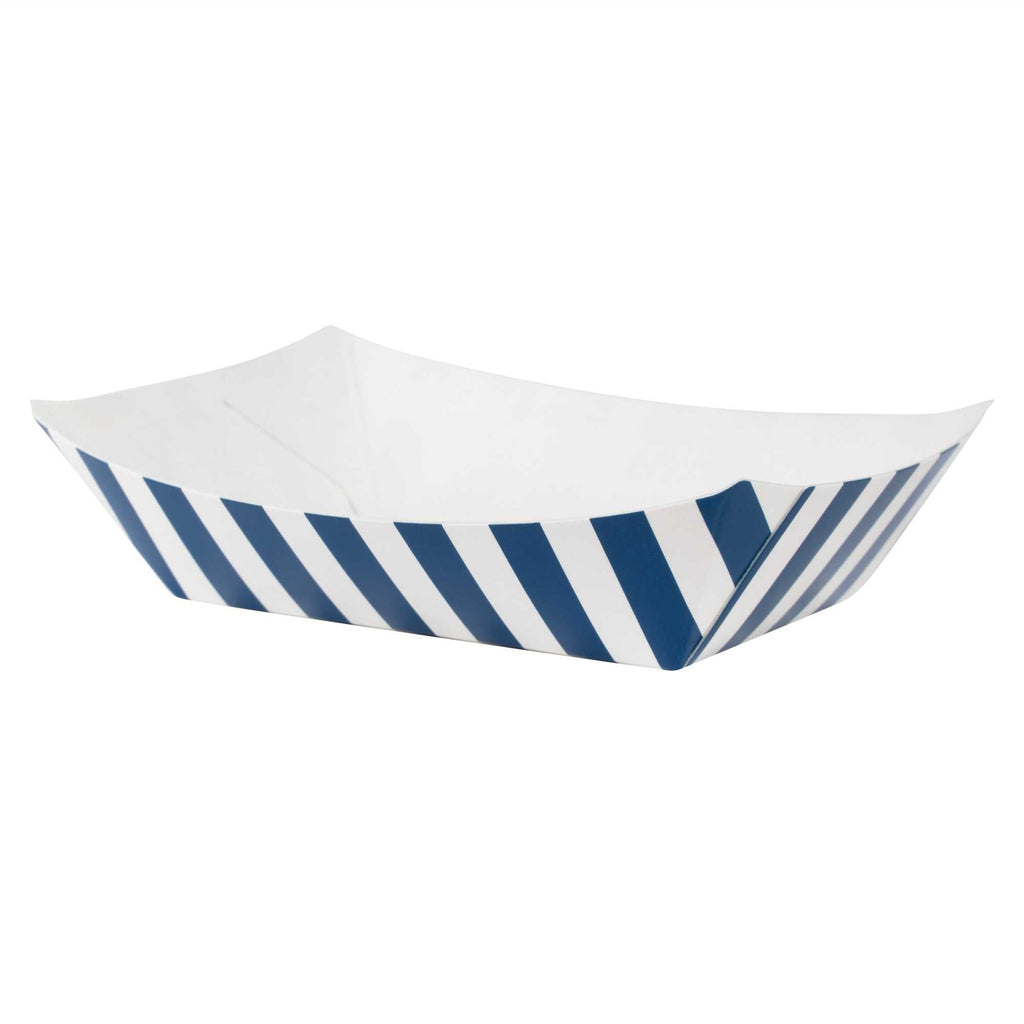 Bio Tek 4 oz Blue and White Stripe Paper #25 Food Tray / Boat - 3" x 2" x 1" - 50 count box