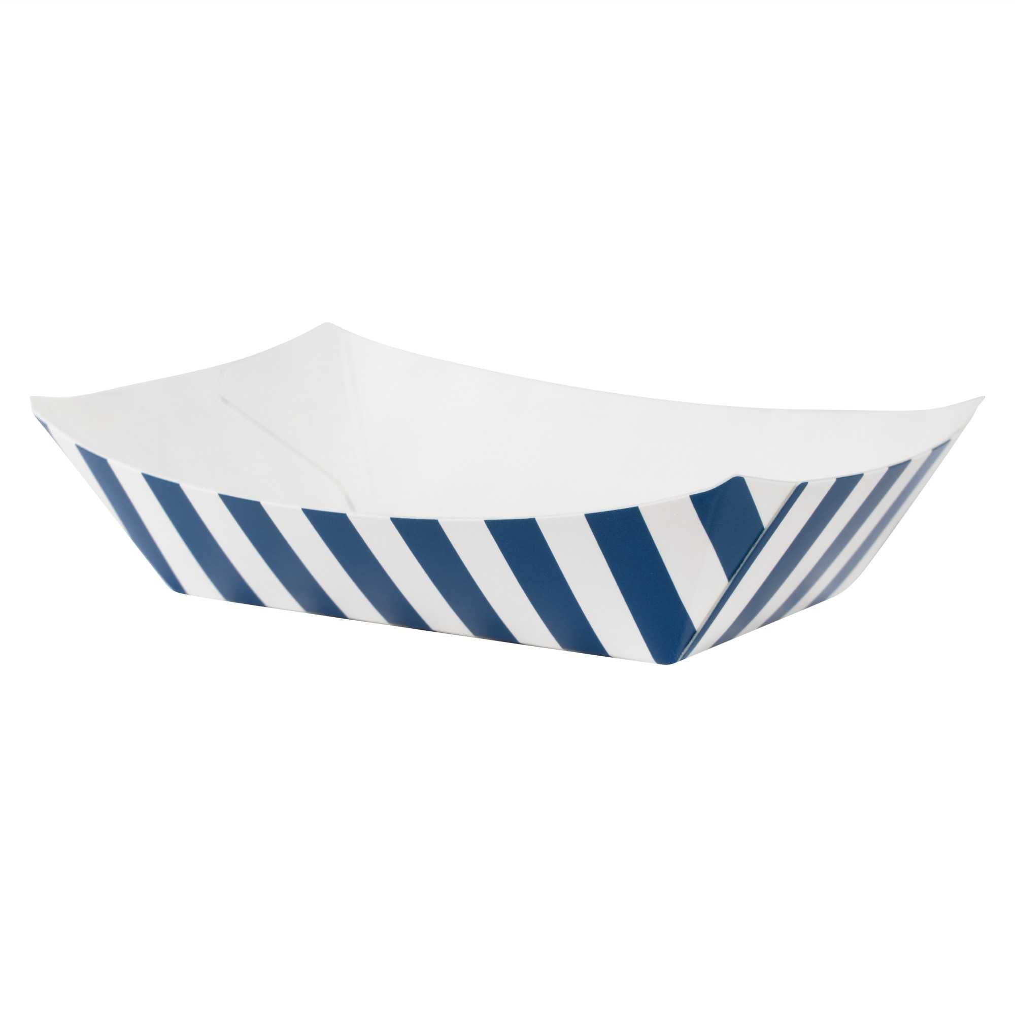 Bio Tek 4 oz Blue and White Stripe Paper #25 Food Tray / Boat - 3" x 2" x 1" - 50 count box