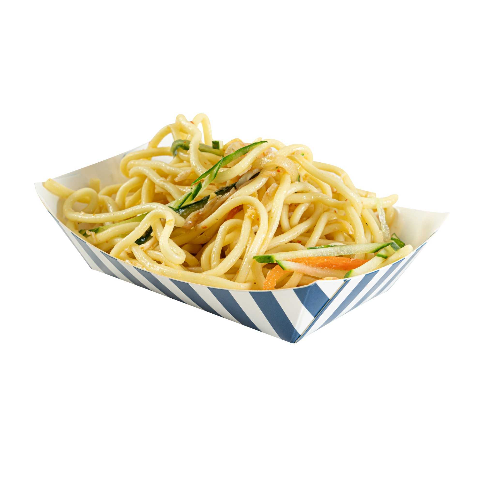 Bio Tek 4 oz Blue and White Stripe Paper #25 Food Tray / Boat - 3" x 2" x 1" - 50 count box