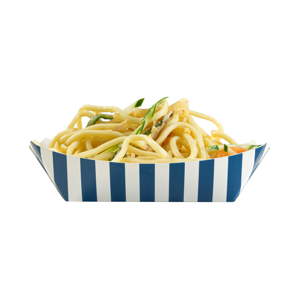 Bio Tek 4 oz Blue and White Stripe Paper #25 Food Tray / Boat - 3" x 2" x 1" - 50 count box