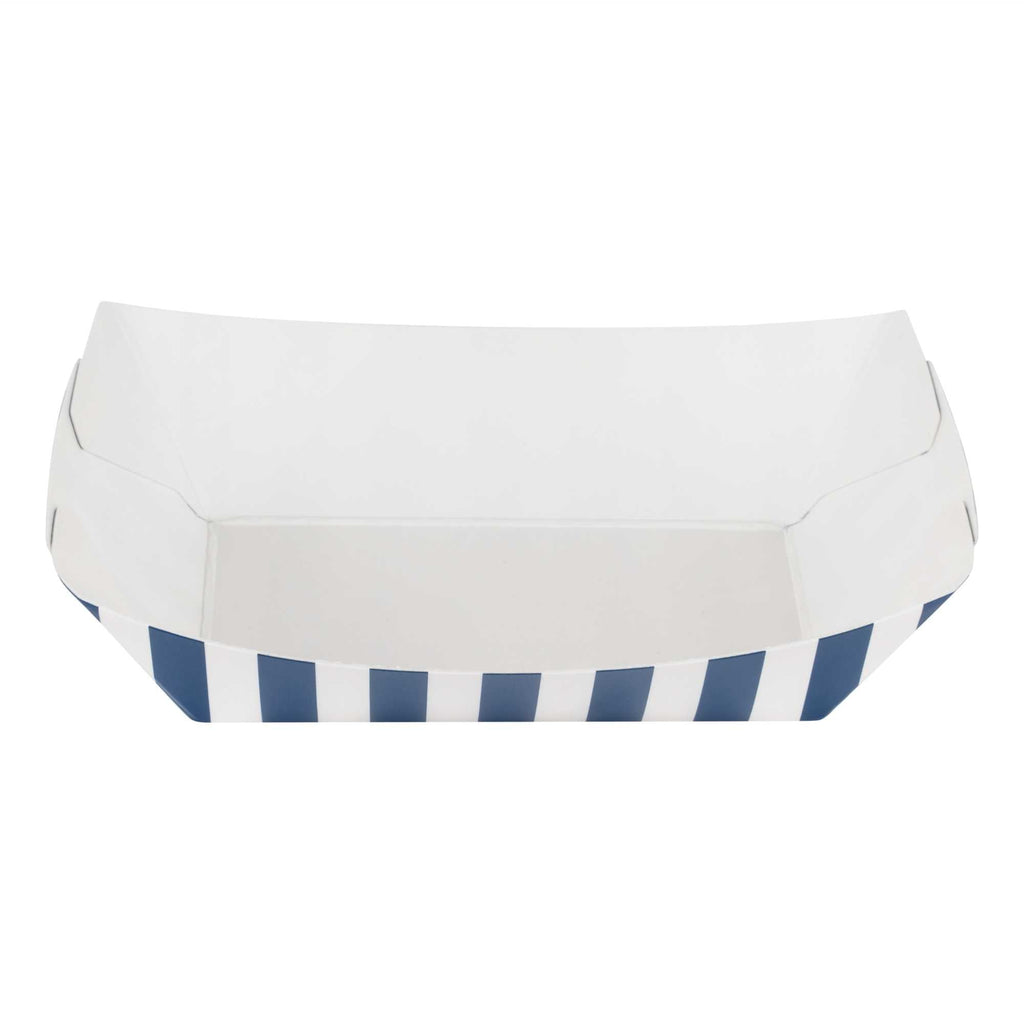 Bio Tek 4 oz Blue and White Stripe Paper #25 Food Tray / Boat - 3" x 2" x 1" - 50 count box