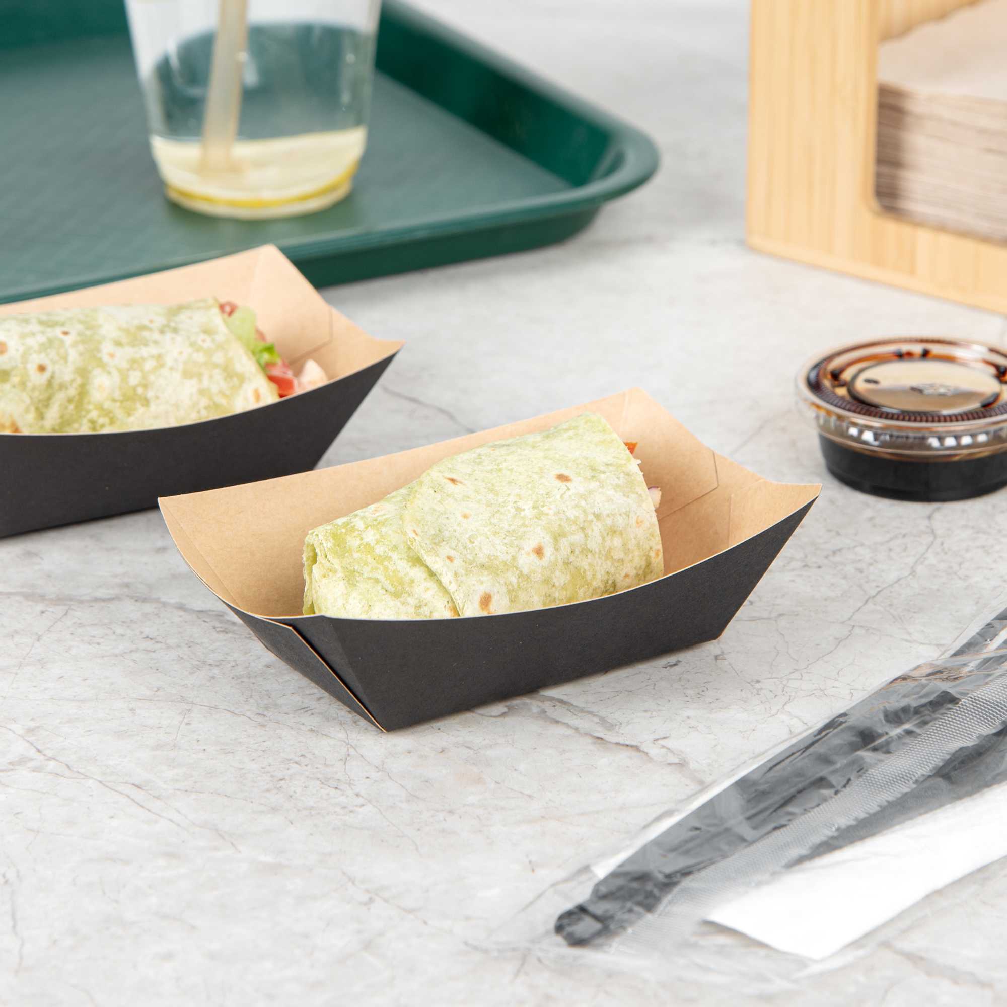 Bio Tek 6 oz Black Paper #40 Food Tray / Boat - 5" x 4" x 1 1/2" - 50 count box