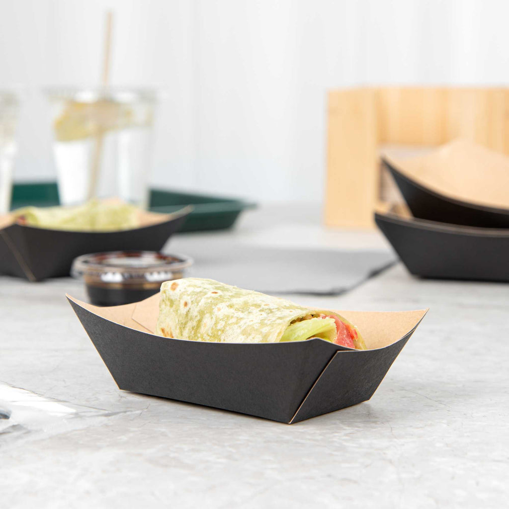 Bio Tek 6 oz Black Paper #40 Food Tray / Boat - 5" x 4" x 1 1/2" - 50 count box
