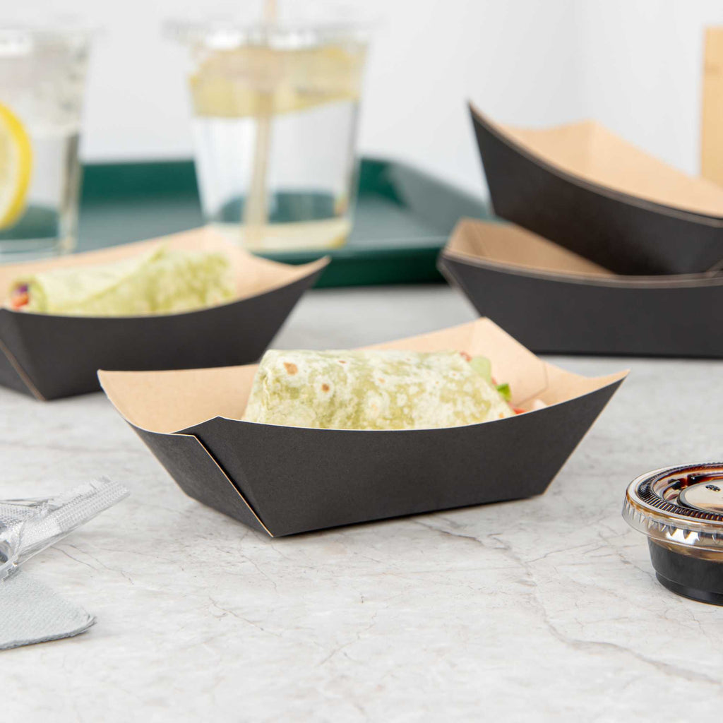Bio Tek 6 oz Black Paper #40 Food Tray / Boat - 5" x 4" x 1 1/2" - 50 count box