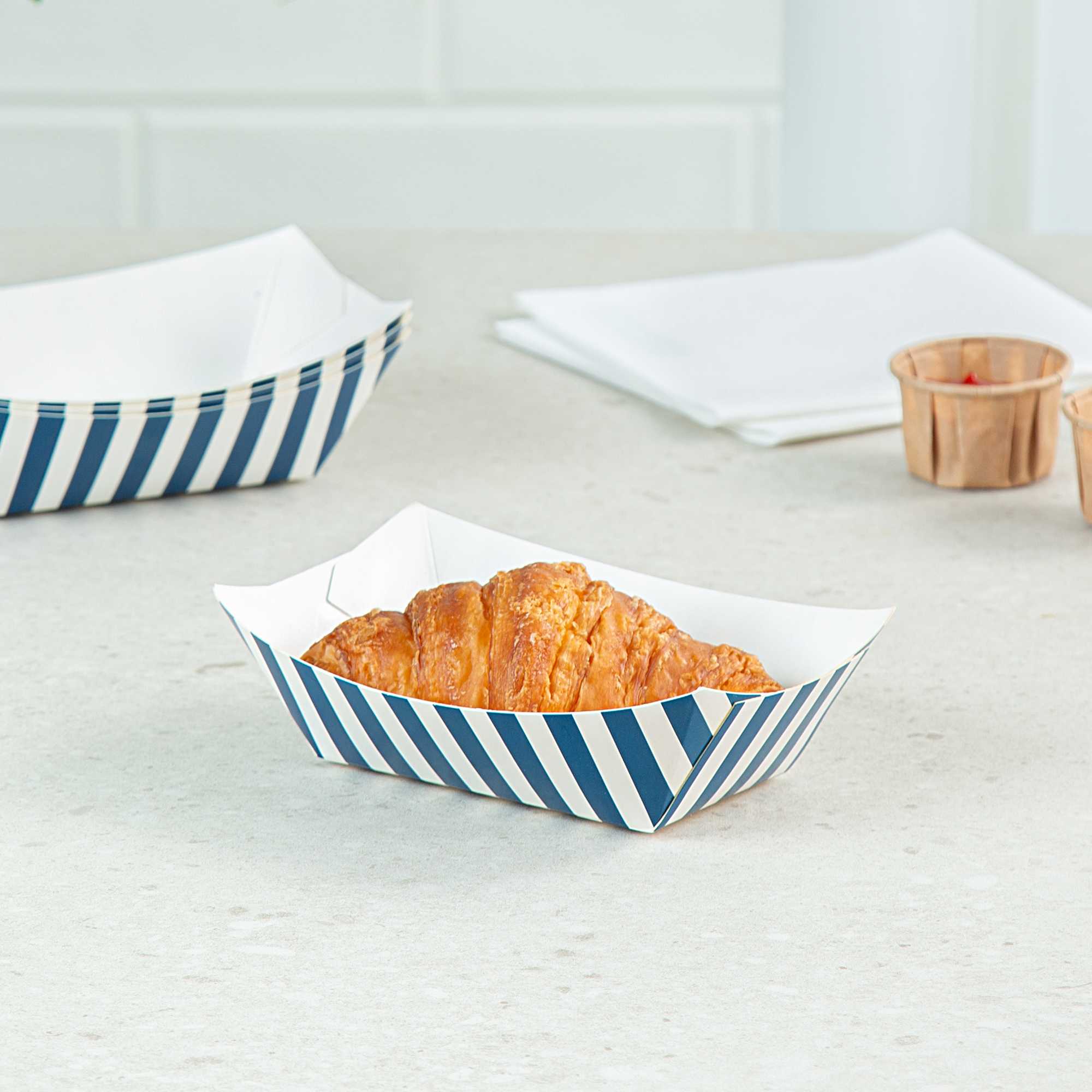 Bio Tek 6 oz Blue and White Stripe Paper #40 Food Tray / Boat - 5" x 4" x 1 1/2" - 50 count box