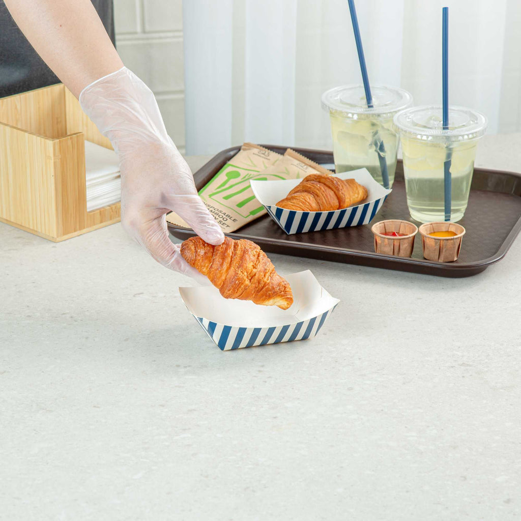 Bio Tek 6 oz Blue and White Stripe Paper #40 Food Tray / Boat - 5" x 4" x 1 1/2" - 50 count box