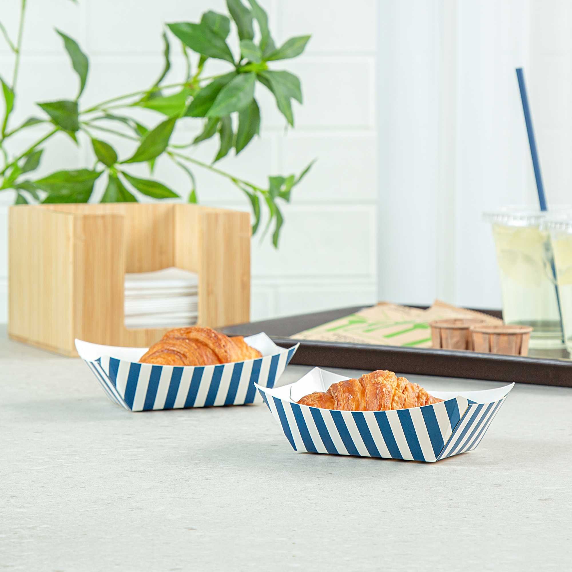 Bio Tek 6 oz Blue and White Stripe Paper #40 Food Tray / Boat - 5" x 4" x 1 1/2" - 50 count box