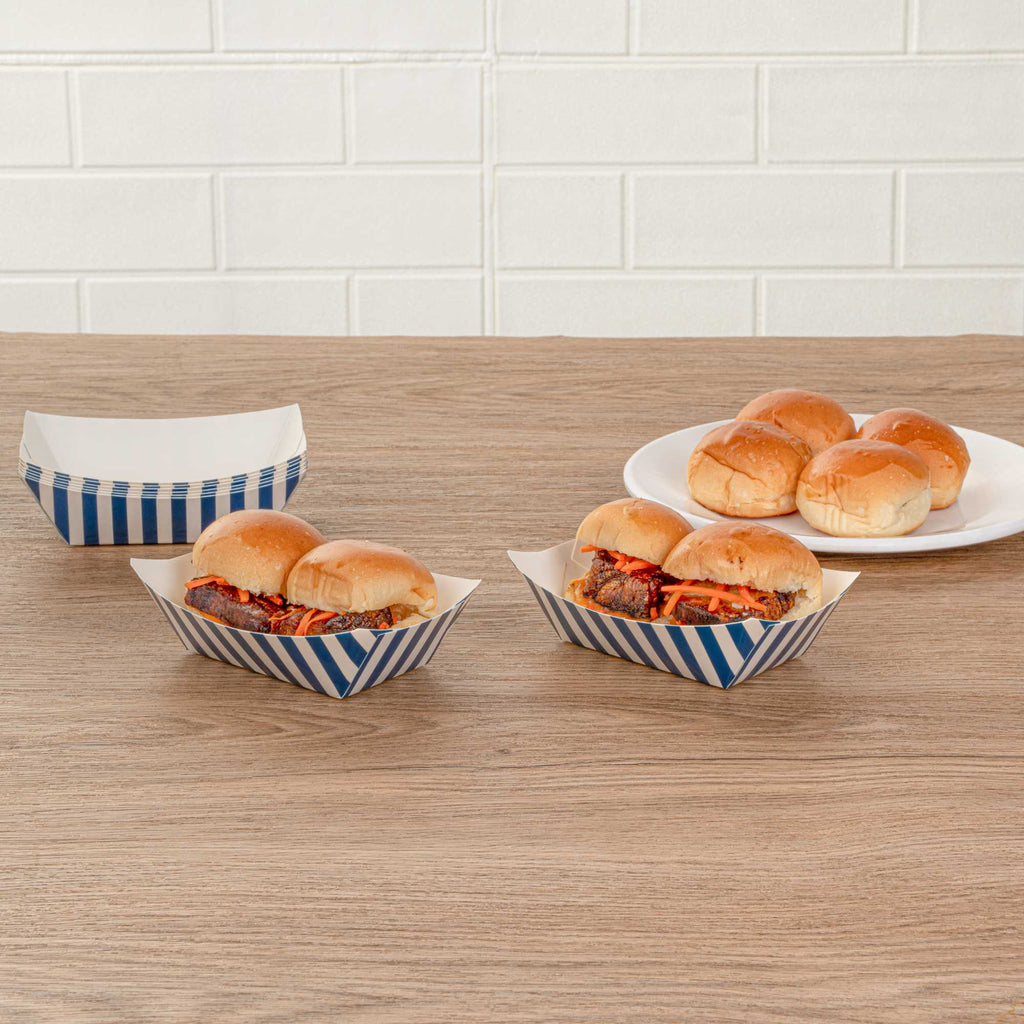 Bio Tek 6 oz Blue and White Stripe Paper #40 Food Tray / Boat - 5" x 4" x 1 1/2" - 400 count box