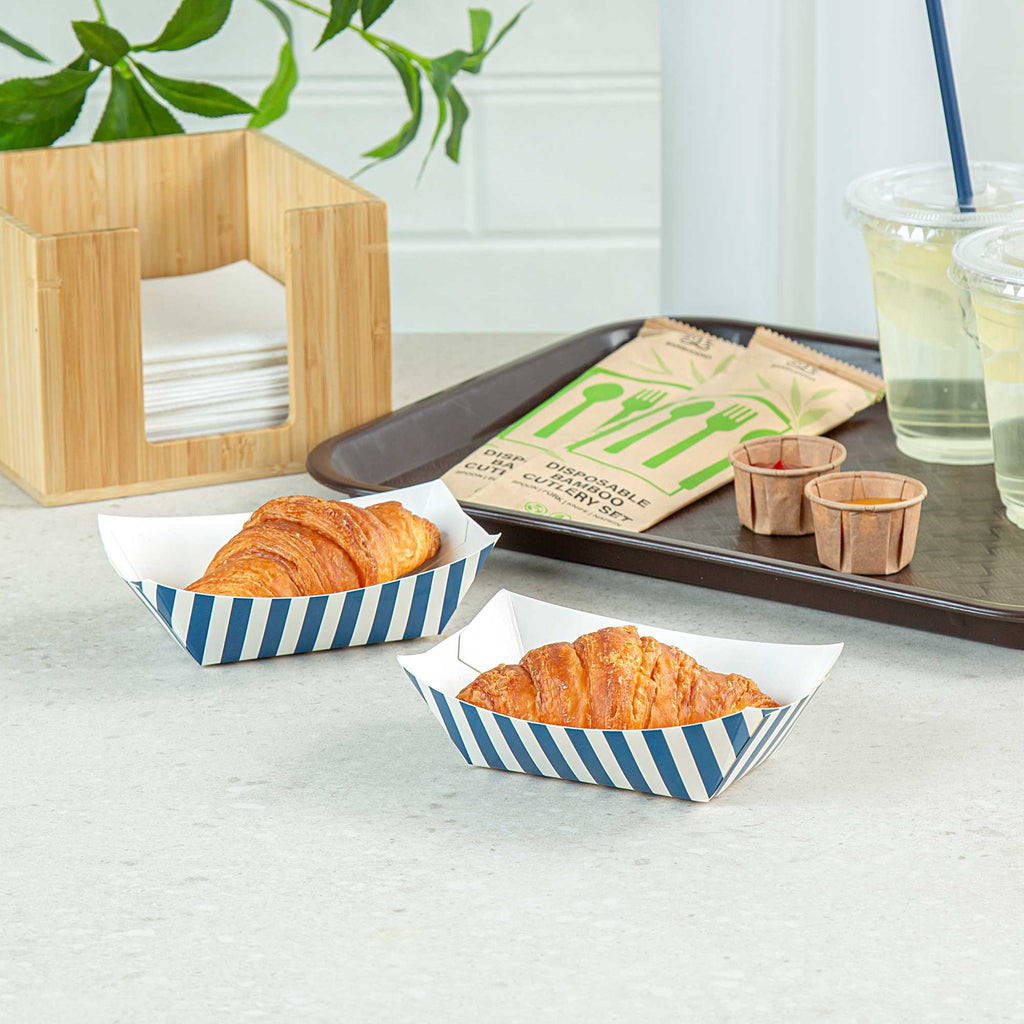 Bio Tek 6 oz Blue and White Stripe Paper #40 Food Tray / Boat - 5" x 4" x 1 1/2" - 400 count box