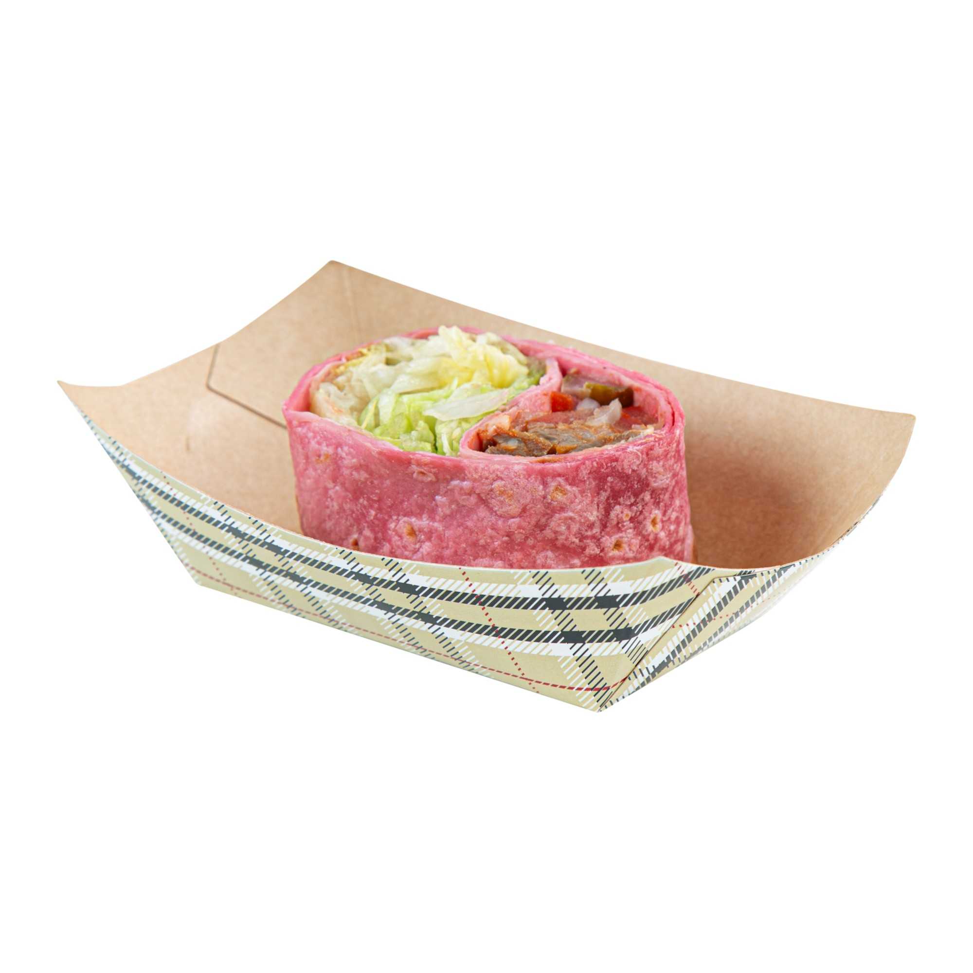 Bio Tek 6 oz Plaid Paper #40 Food Tray / Boat - 5" x 4" x 1 1/2" - 400 count box