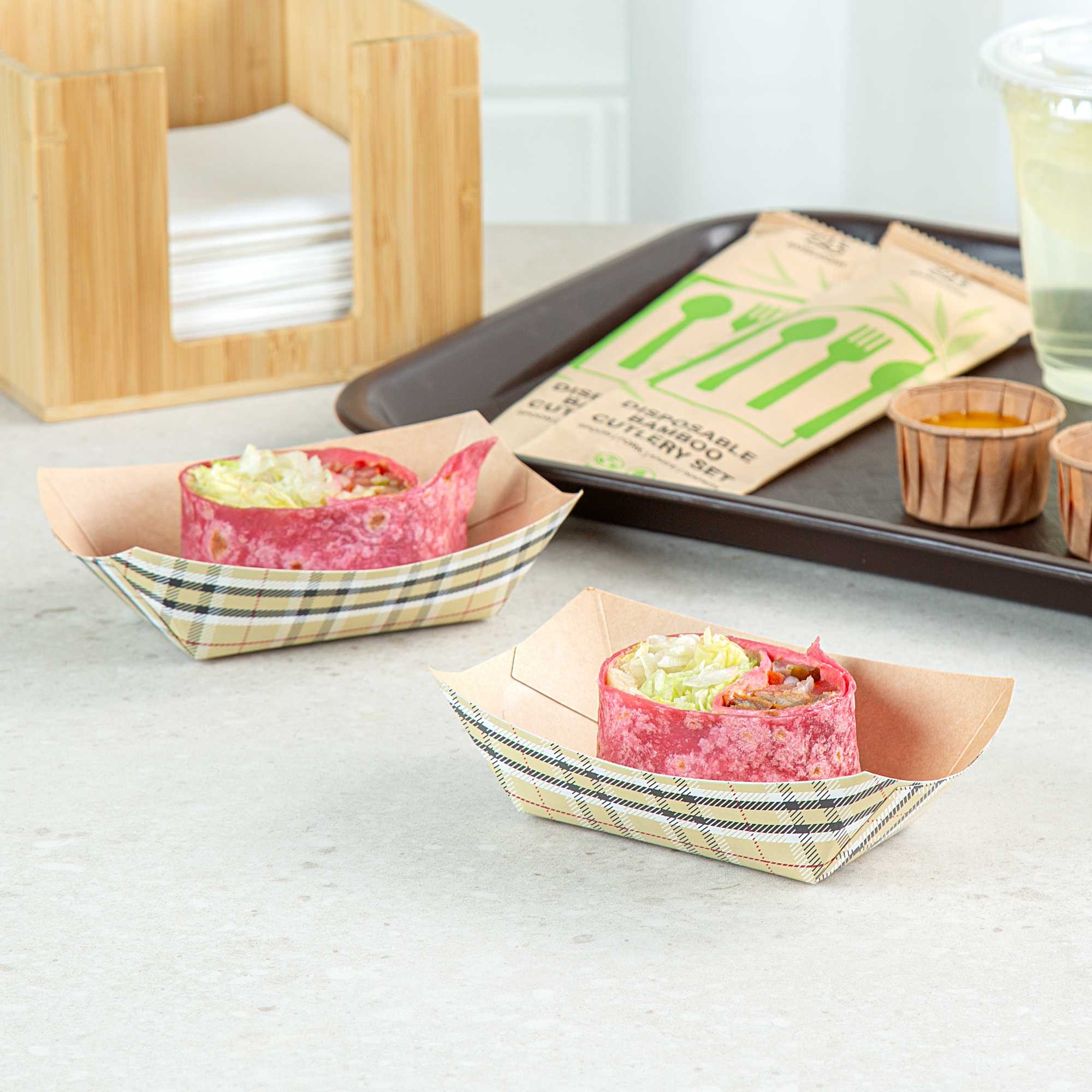 Bio Tek 6 oz Plaid Paper #40 Food Tray / Boat - 5" x 4" x 1 1/2" - 50 count box
