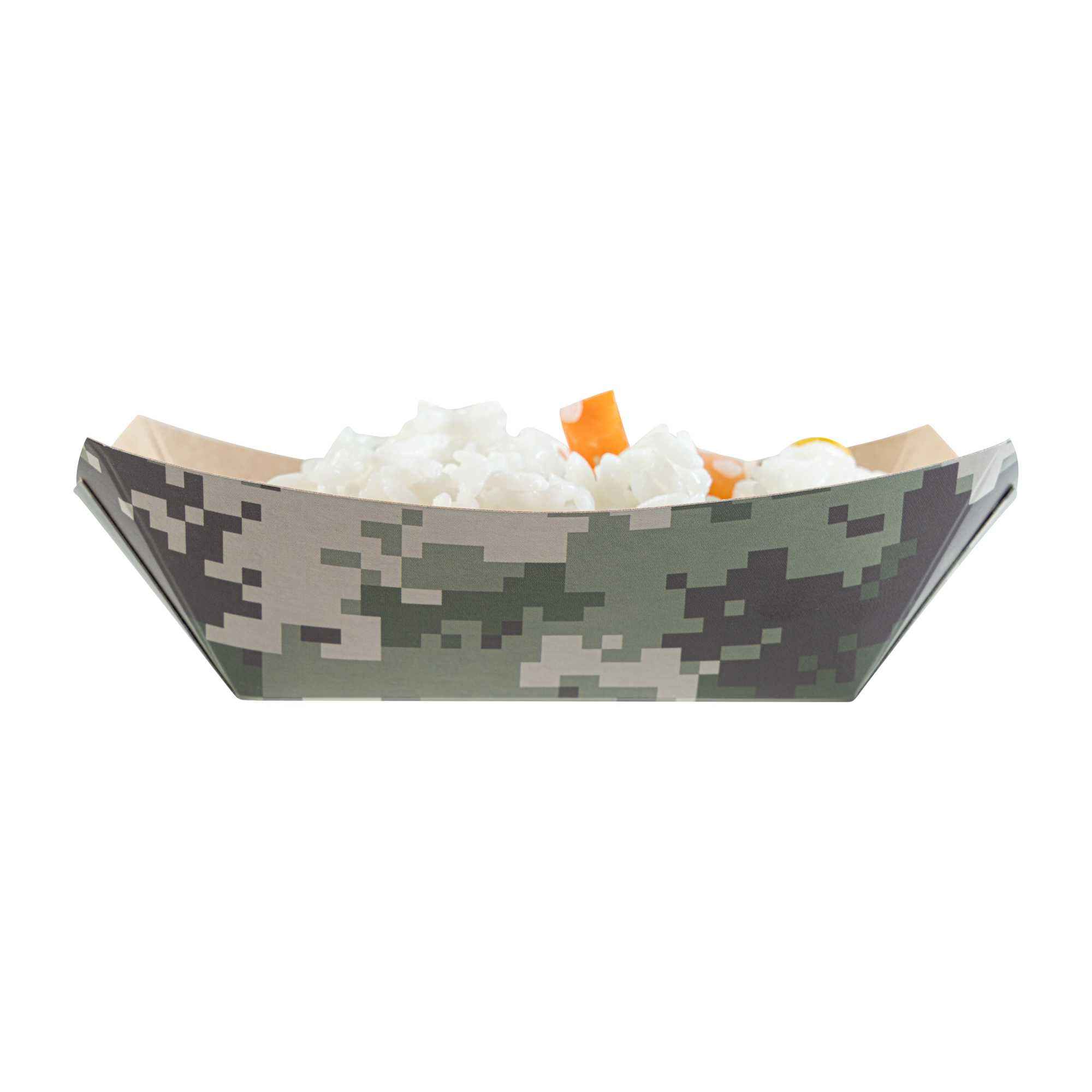 Bio Tek 6 oz Camouflage Paper #40 Food Tray / Boat - 5" x 4" x 1 1/2" - 50 count box