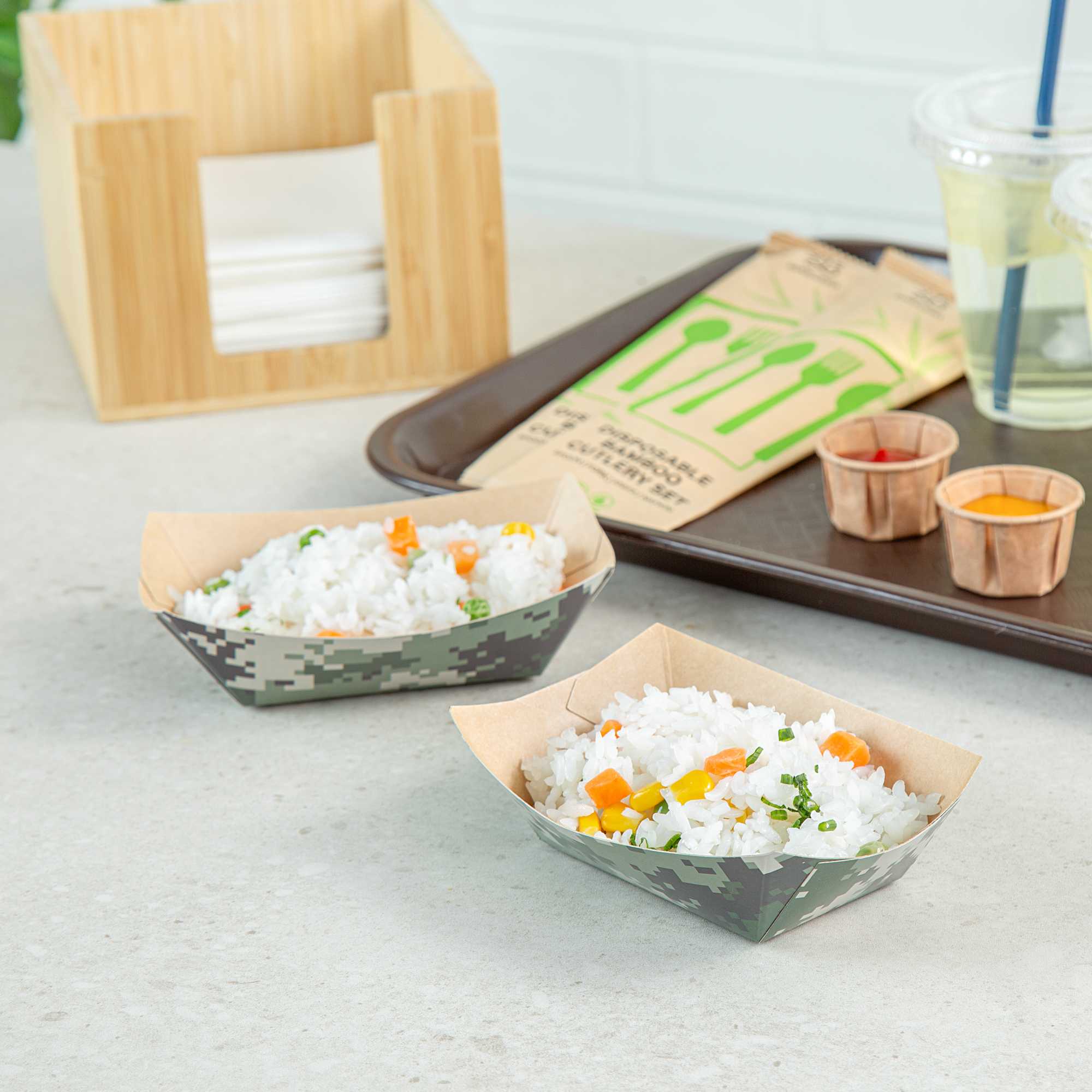 Bio Tek 6 oz Camouflage Paper #40 Food Tray / Boat - 5" x 4" x 1 1/2" - 50 count box