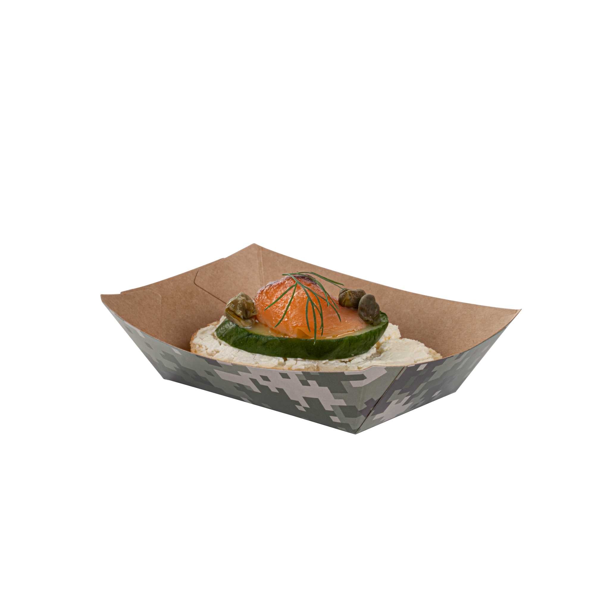 Bio Tek 6 oz Camouflage Paper #40 Food Tray / Boat - 5" x 4" x 1 1/2" - 400 count box