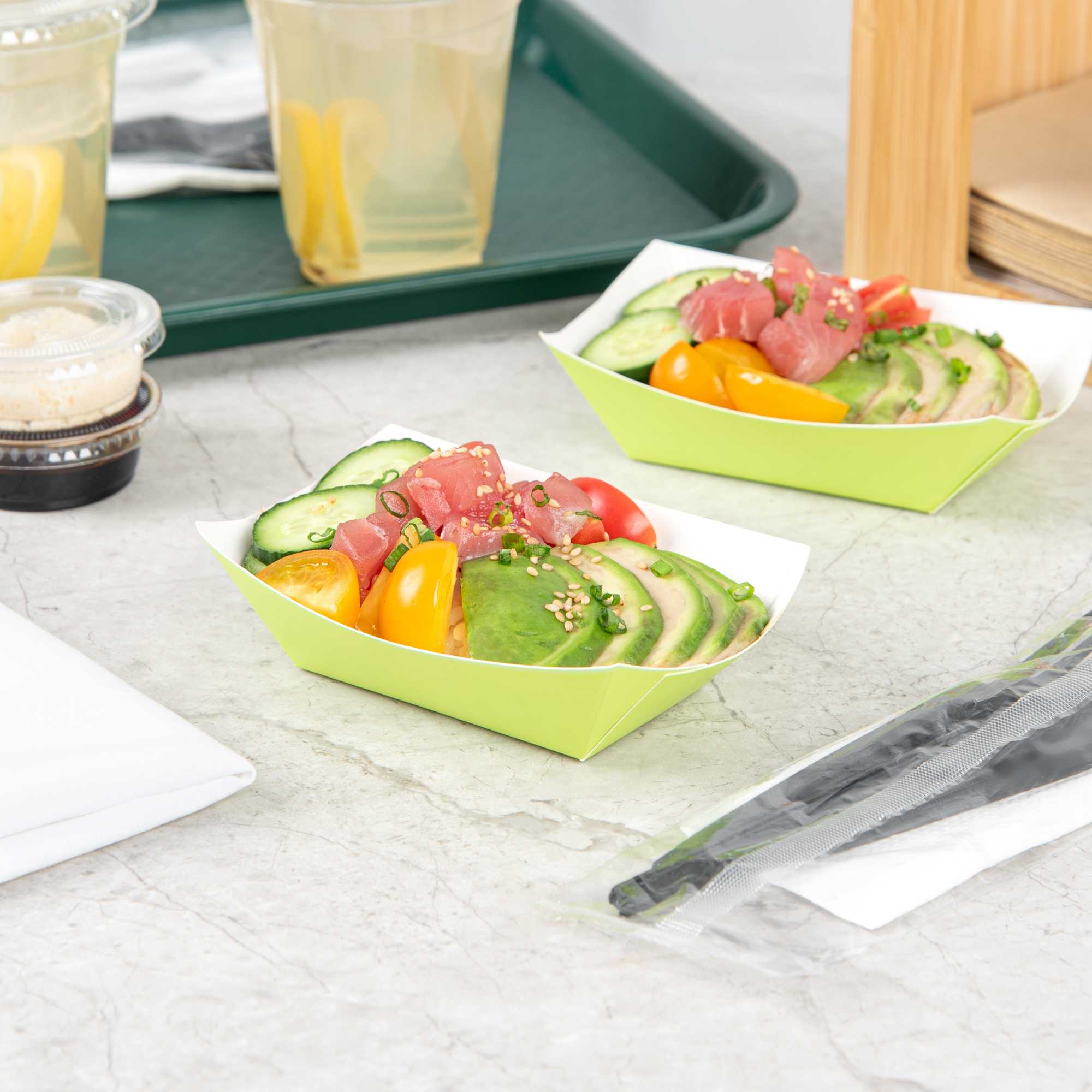 Bio Tek 6 oz Eco Green Paper #40 Food Tray / Boat - 5" x 4" x 1 1/2" - 400 count box