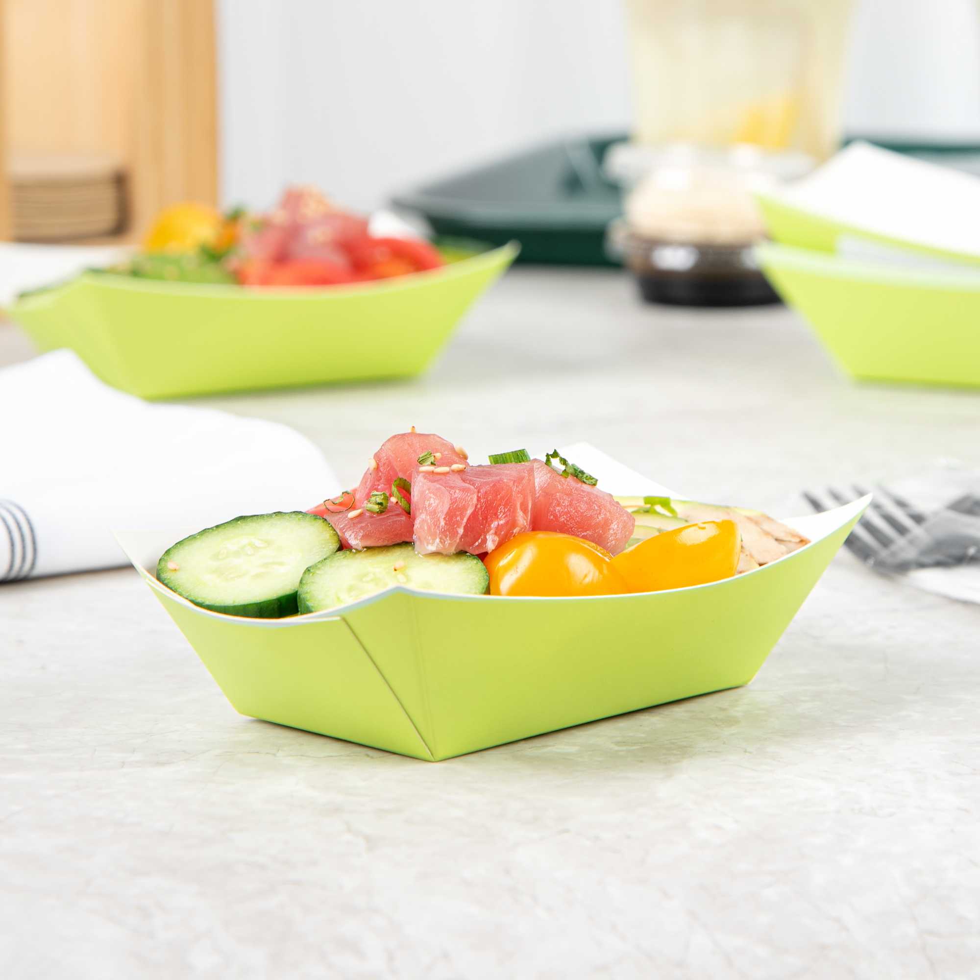 Bio Tek 6 oz Eco Green Paper #40 Food Tray / Boat - 5" x 4" x 1 1/2" - 50 count box