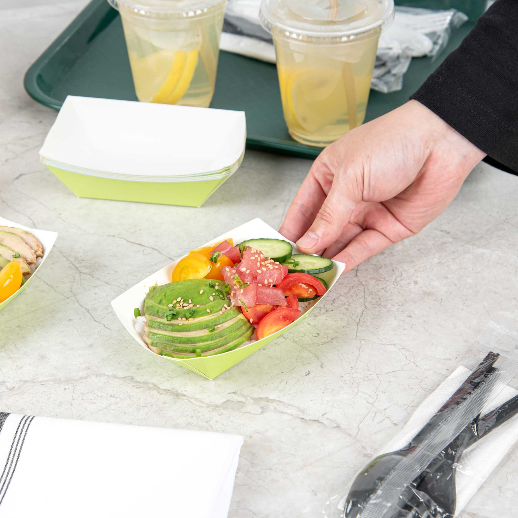 Bio Tek 6 oz Eco Green Paper #40 Food Tray / Boat - 5" x 4" x 1 1/2" - 400 count box