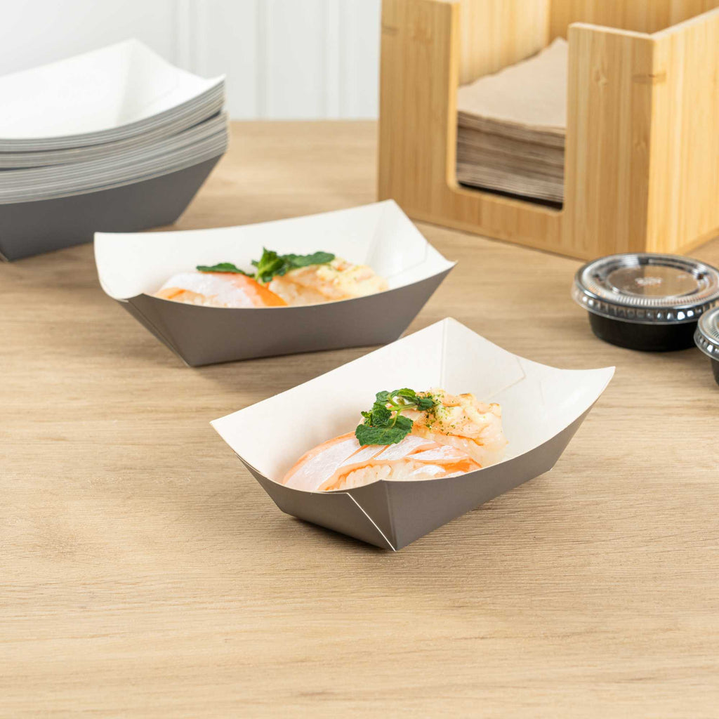 Bio Tek 6 oz Gray Paper #40 Food Tray / Boat - 5" x 4" x 1 1/2" - 50 count box