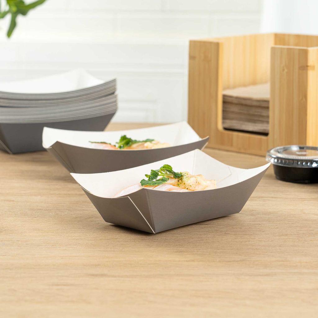 Bio Tek 6 oz Gray Paper #40 Food Tray / Boat - 5" x 4" x 1 1/2" - 400 count box