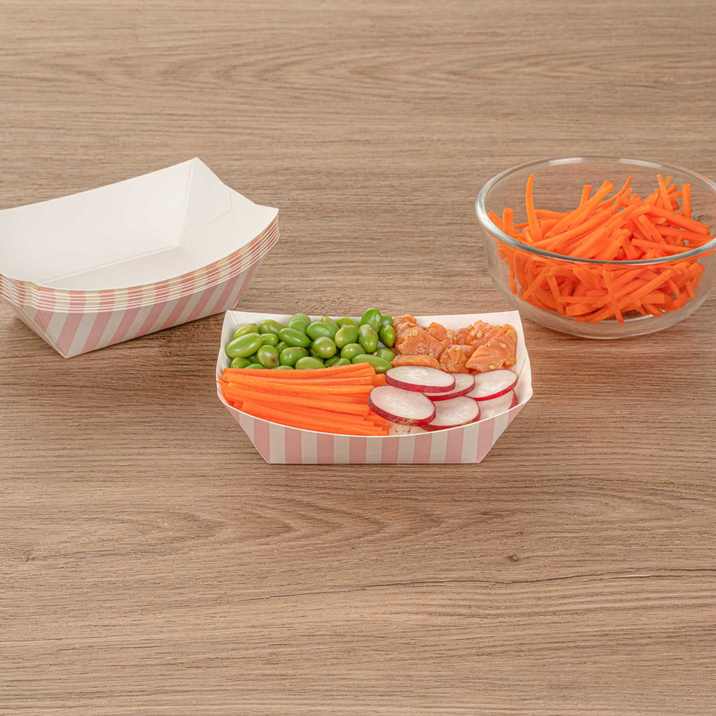 Bio Tek 6 oz Pink and White Stripe Paper #40 Food Tray / Boat - 5" x 4" x 1 1/2" - 400 count box
