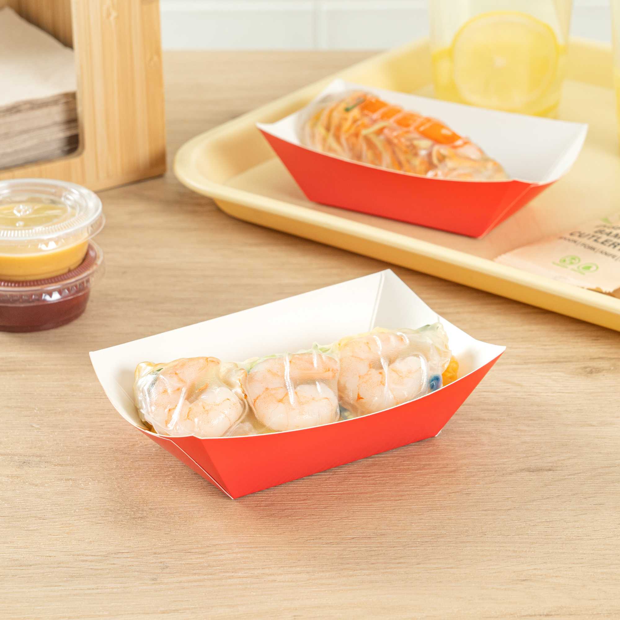 Bio Tek 6 oz Red Paper #40 Food Tray / Boat - 5" x 4" x 1 1/2" - 50 count box