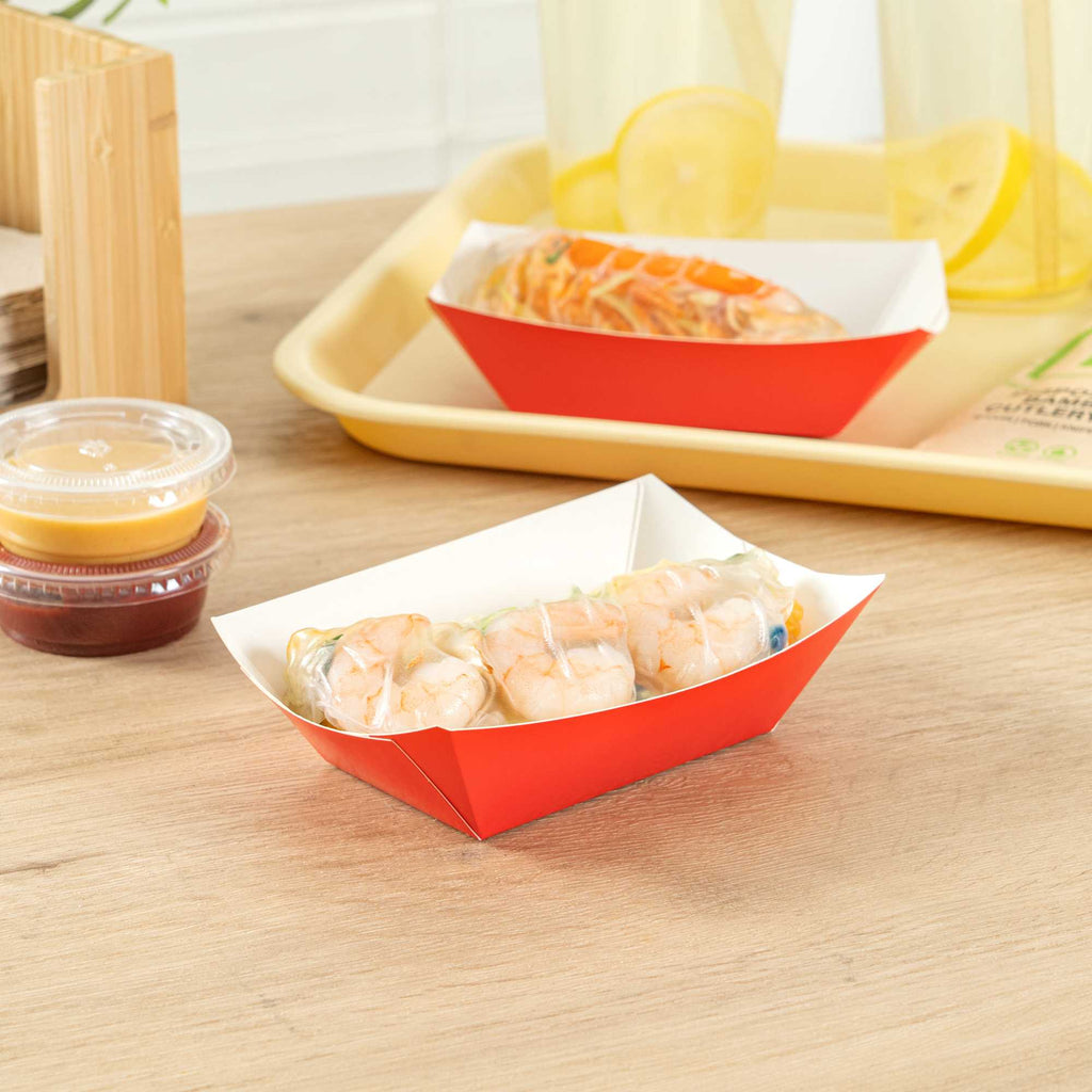 Bio Tek 6 oz Red Paper #40 Food Tray / Boat - 5" x 4" x 1 1/2" - 50 count box