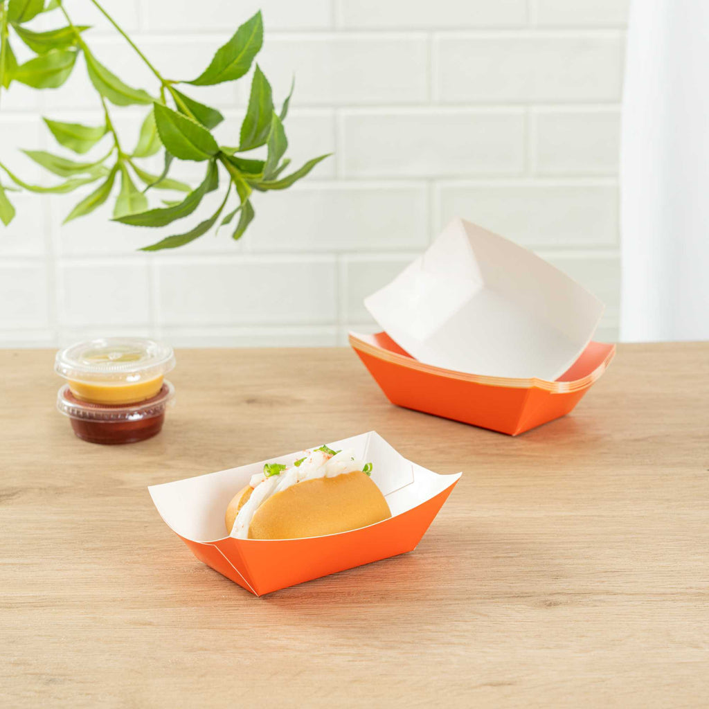 Bio Tek 6 oz Tangerine Orange Paper #40 Food Tray / Boat - 5" x 4" x 1 1/2" - 50 count box