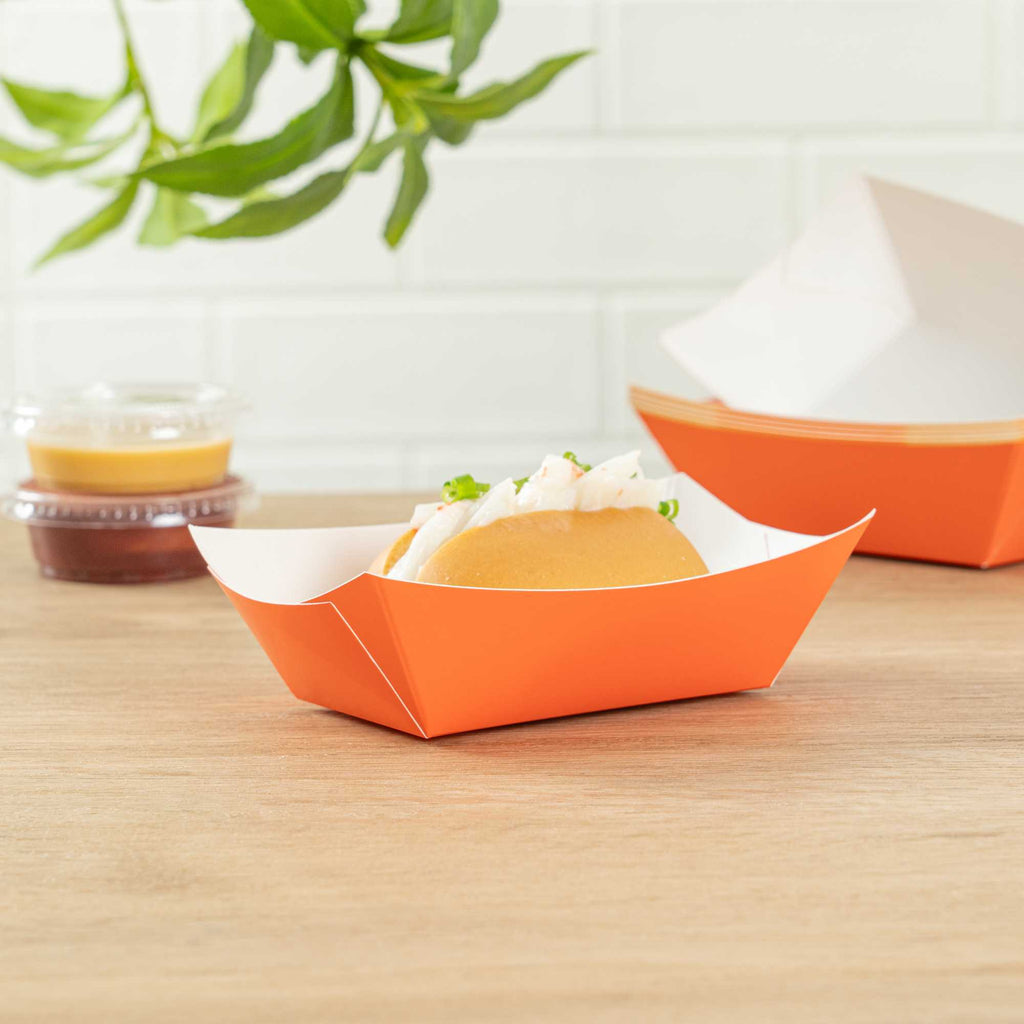 Bio Tek 6 oz Tangerine Orange Paper #40 Food Tray / Boat - 5" x 4" x 1 1/2" - 50 count box