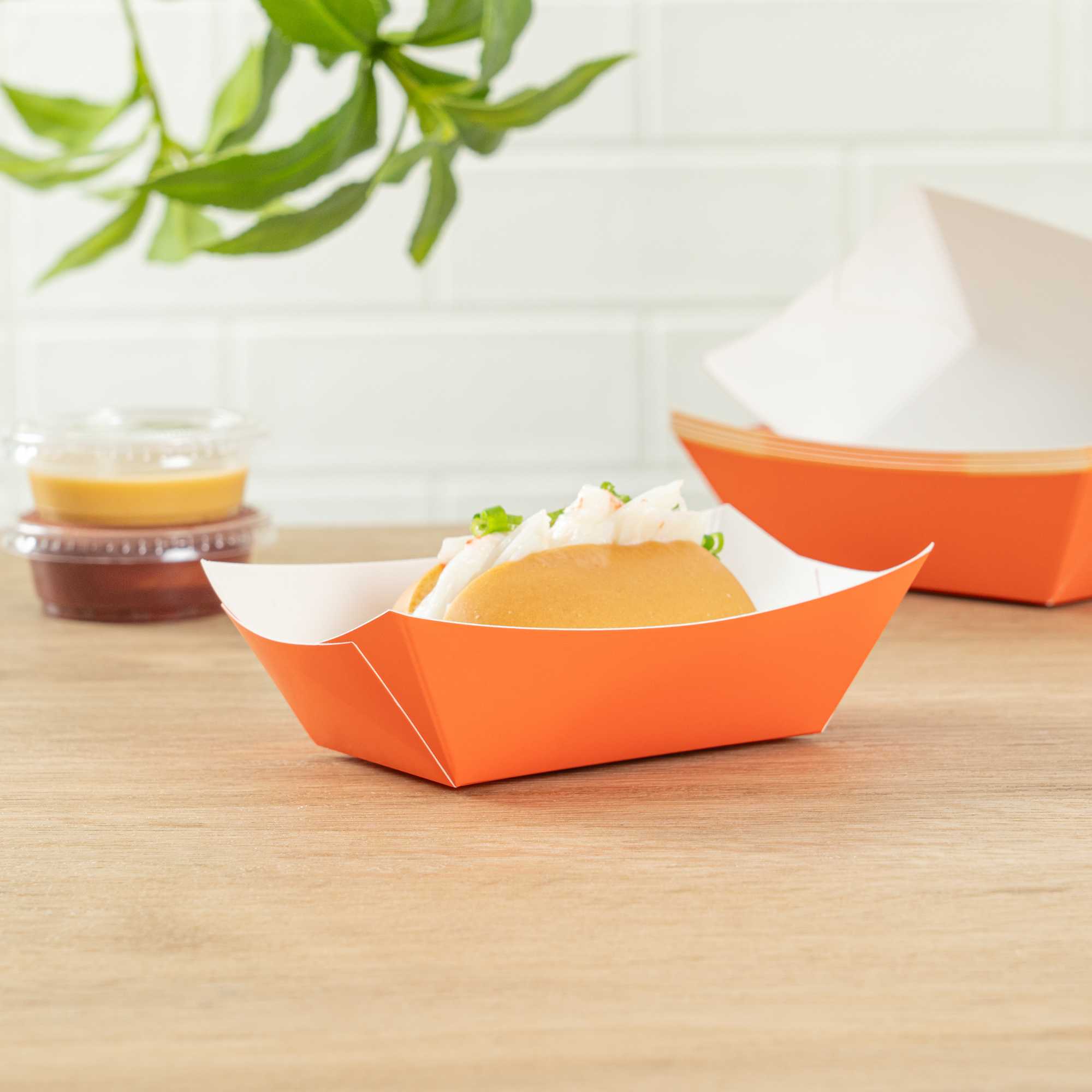 Bio Tek 6 oz Tangerine Orange Paper #40 Food Tray / Boat - 5" x 4" x 1 1/2" - 50 count box