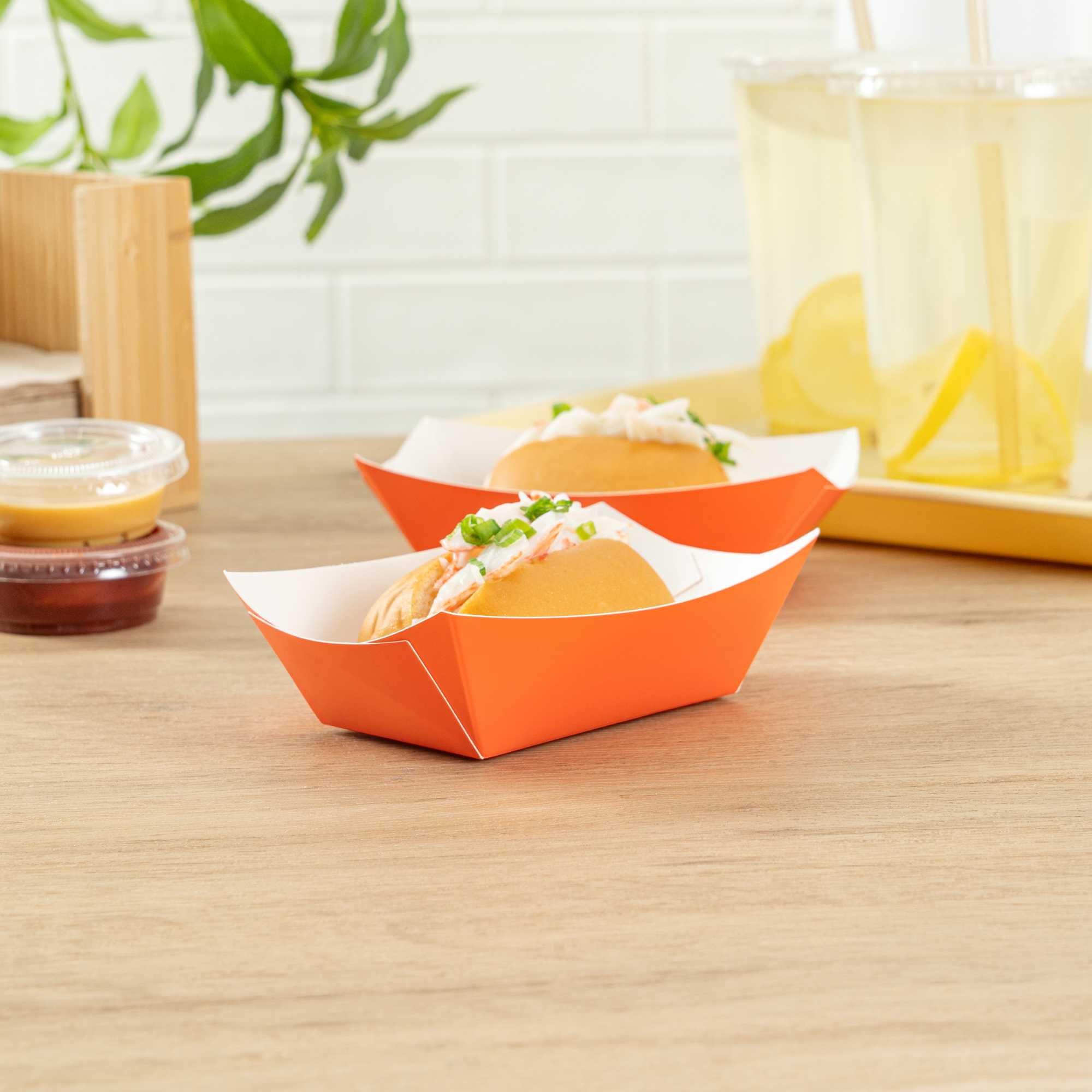 Bio Tek 6 oz Tangerine Orange Paper #40 Food Tray / Boat - 5" x 4" x 1 1/2" - 50 count box