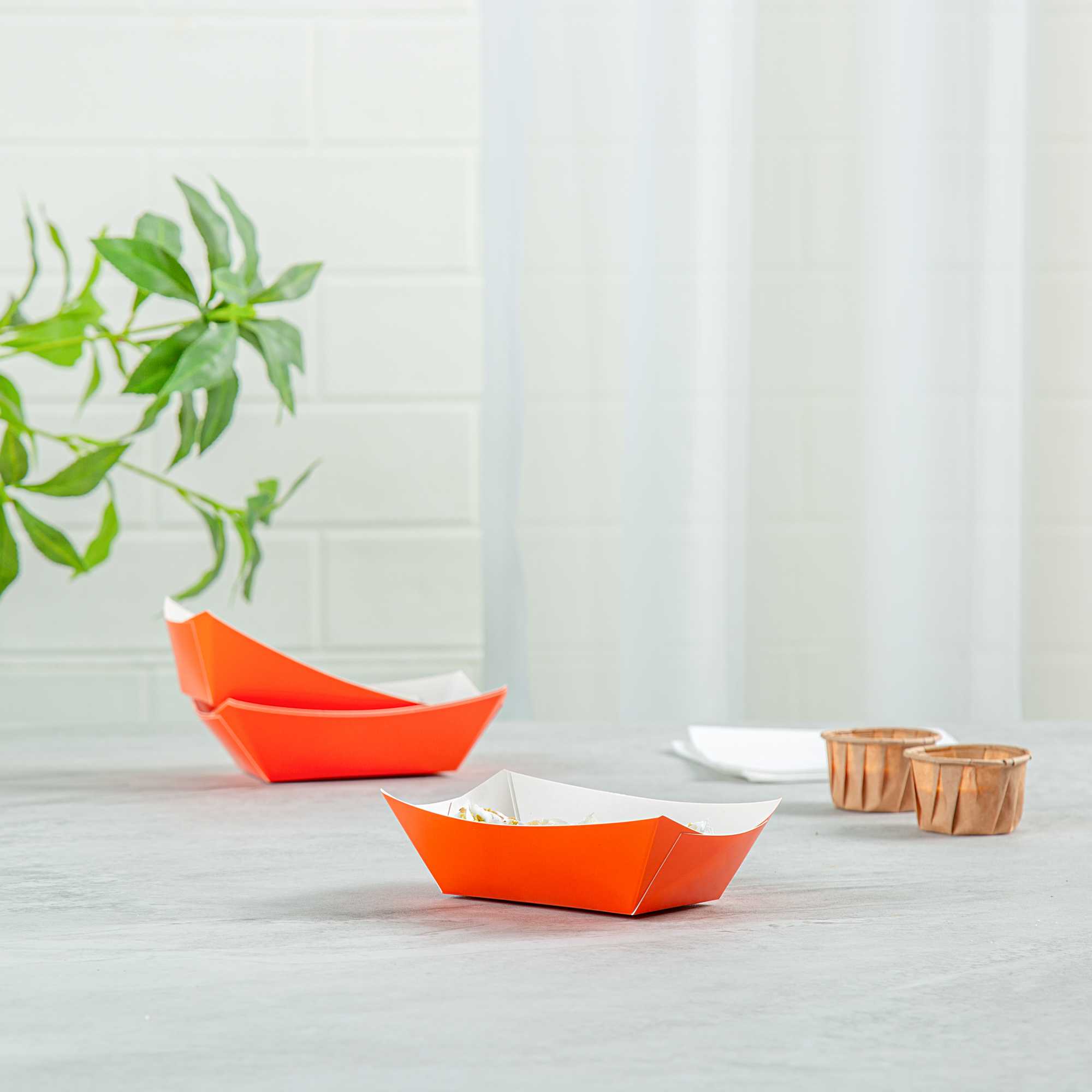 Bio Tek 6 oz Tangerine Orange Paper #40 Food Tray / Boat - 5" x 4" x 1 1/2" - 400 count box