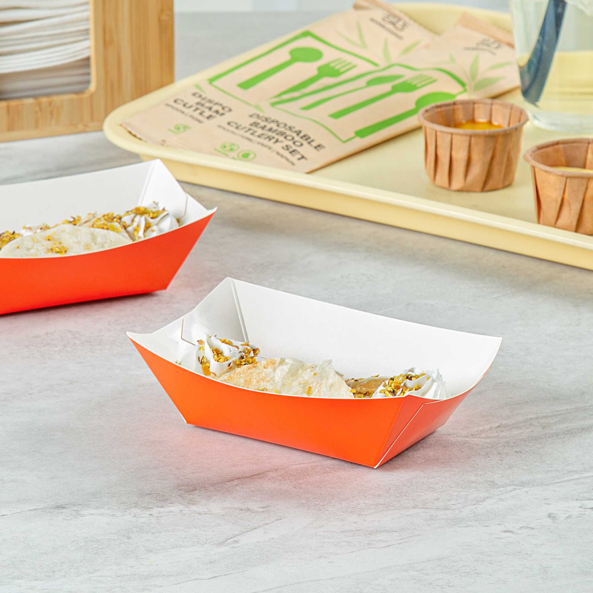 Bio Tek 6 oz Tangerine Orange Paper #40 Food Tray / Boat - 5" x 4" x 1 1/2" - 400 count box