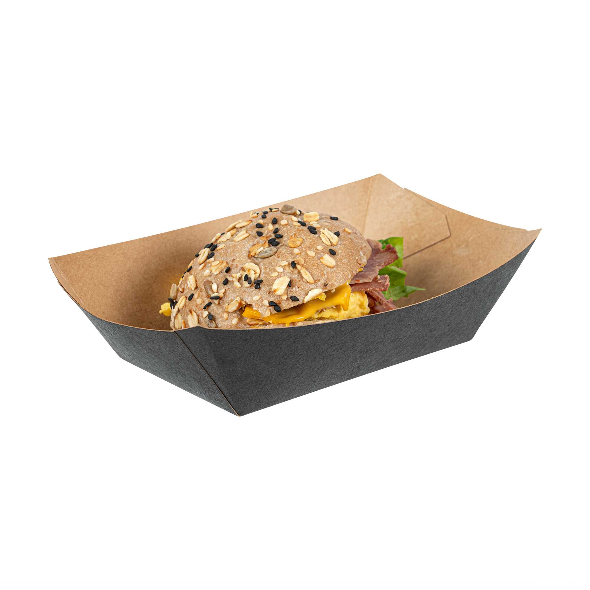 Bio Tek 1/2 lb Black Paper #50 Food Tray / Boat - 4 1/4" x 2 3/4" x 1 1/2" - 50 count box