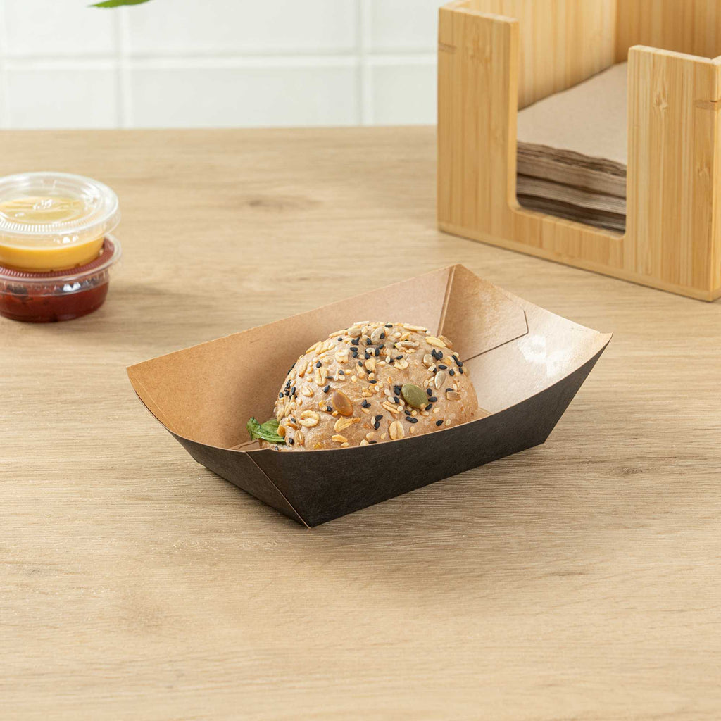 Bio Tek 1/2 lb Black Paper #50 Food Tray / Boat - 4 1/4" x 2 3/4" x 1 1/2" - 50 count box