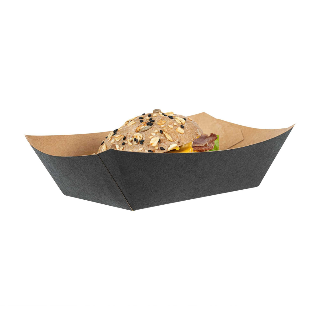 Bio Tek 1/2 lb Black Paper #50 Food Tray / Boat - 4 1/4" x 2 3/4" x 1 1/2" - 50 count box