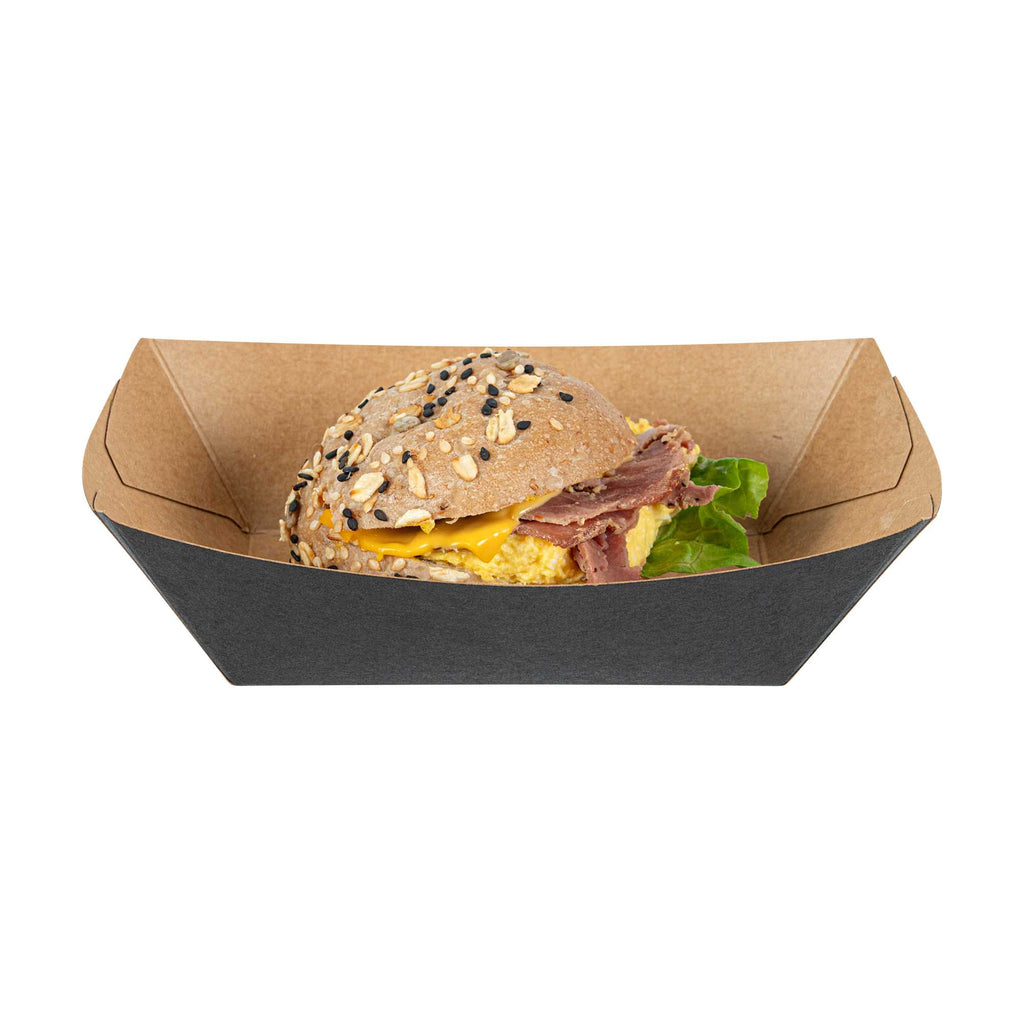 Bio Tek 1/2 lb Black Paper #50 Food Tray / Boat - 4 1/4" x 2 3/4" x 1 1/2" - 50 count box