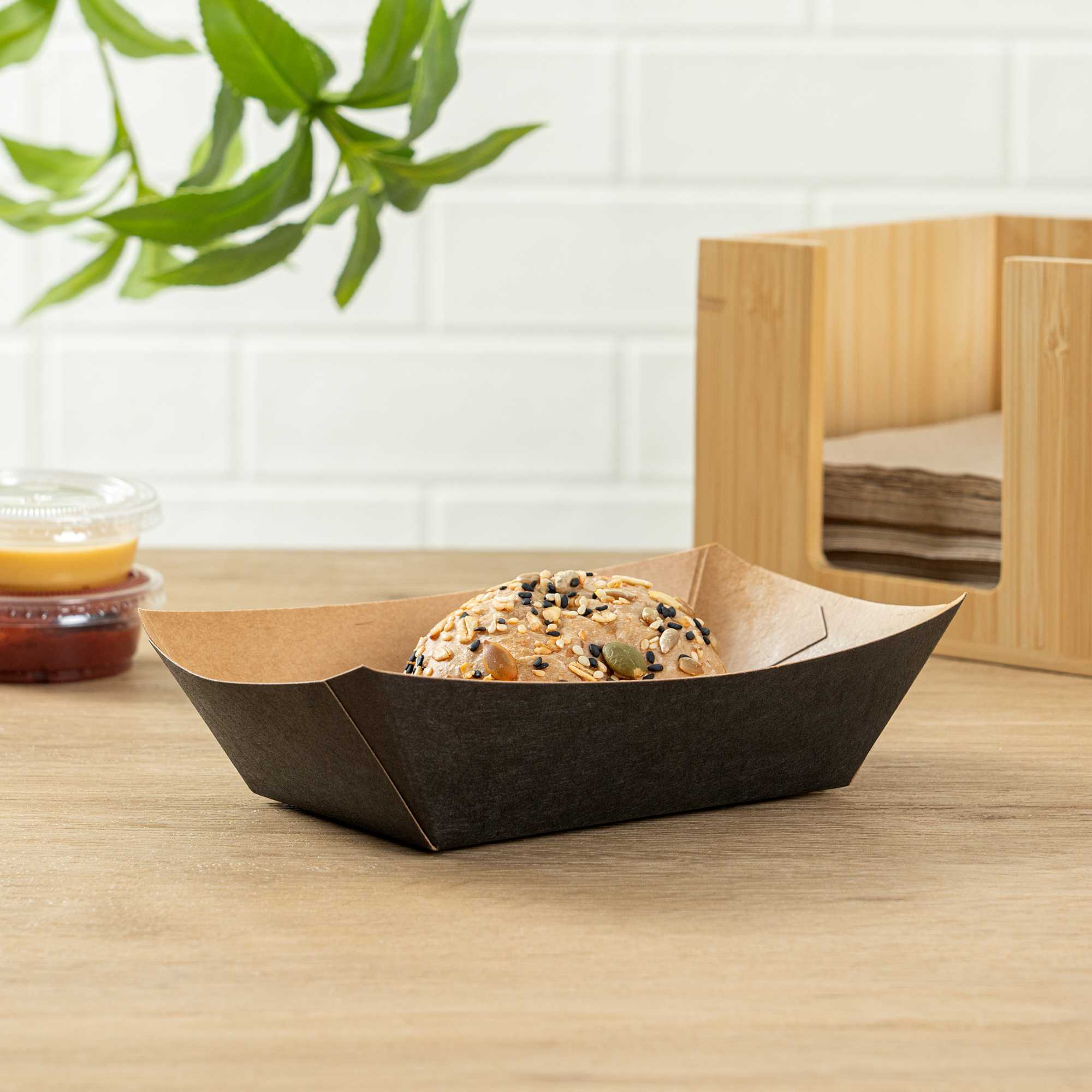 Bio Tek 1/2 lb Black Paper #50 Food Tray / Boat - 4 1/4" x 2 3/4" x 1 1/2" - 50 count box