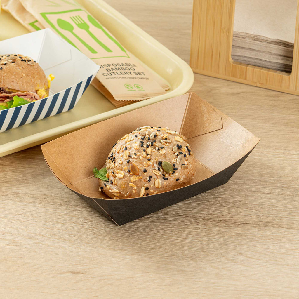 Bio Tek 1/2 lb Black Paper #50 Food Tray / Boat - 4 1/4" x 2 3/4" x 1 1/2" - 50 count box
