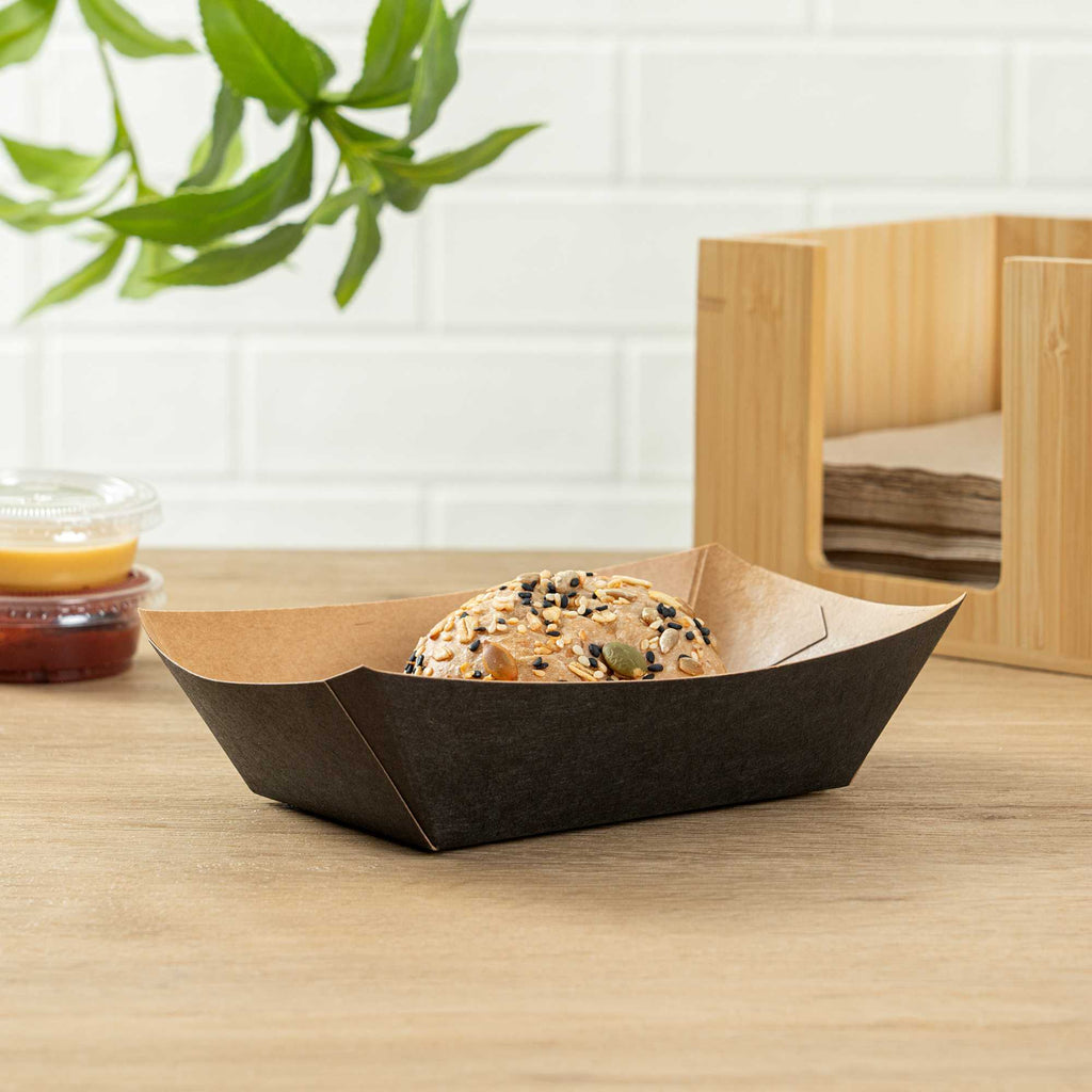 Bio Tek 1/2 lb Black Paper #50 Food Tray / Boat - 4 1/4" x 2 3/4" x 1 1/2" - 400 count box