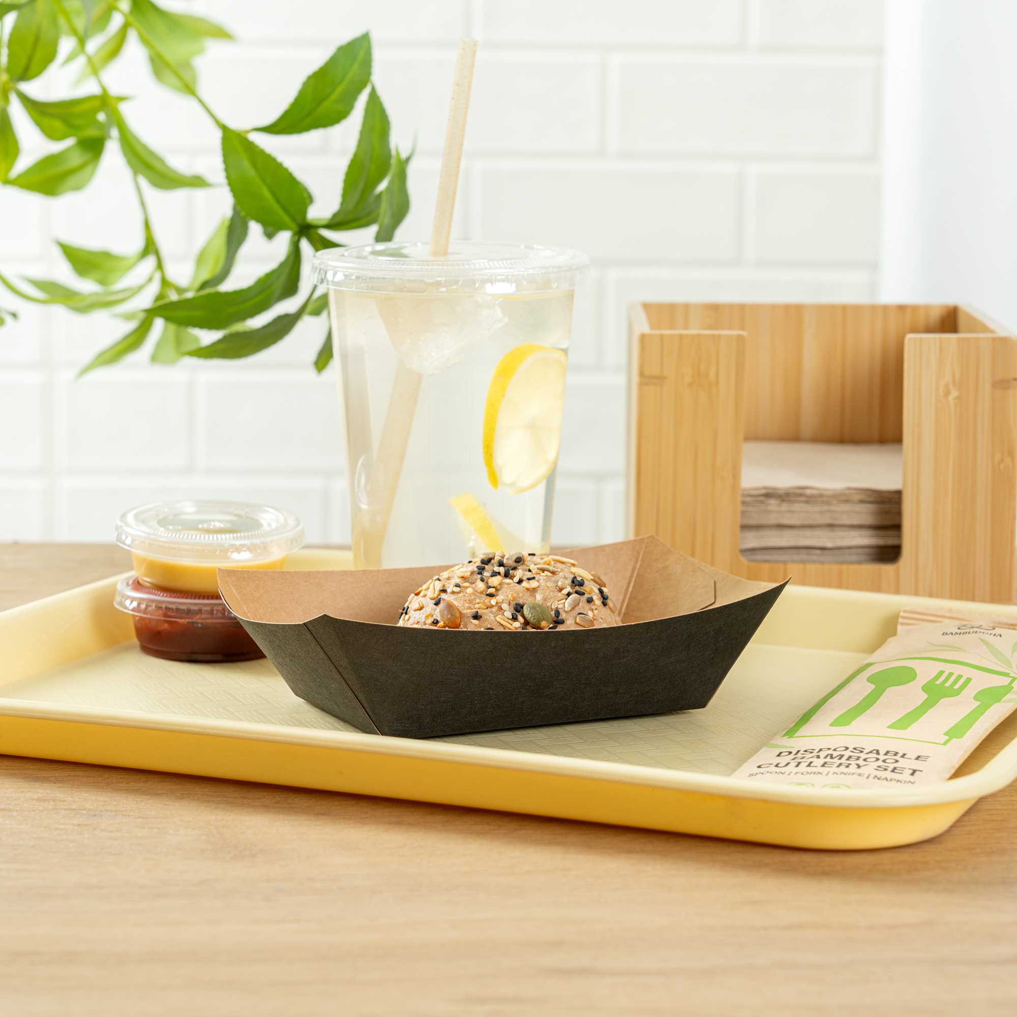 Bio Tek 1/2 lb Black Paper #50 Food Tray / Boat - 4 1/4" x 2 3/4" x 1 1/2" - 400 count box