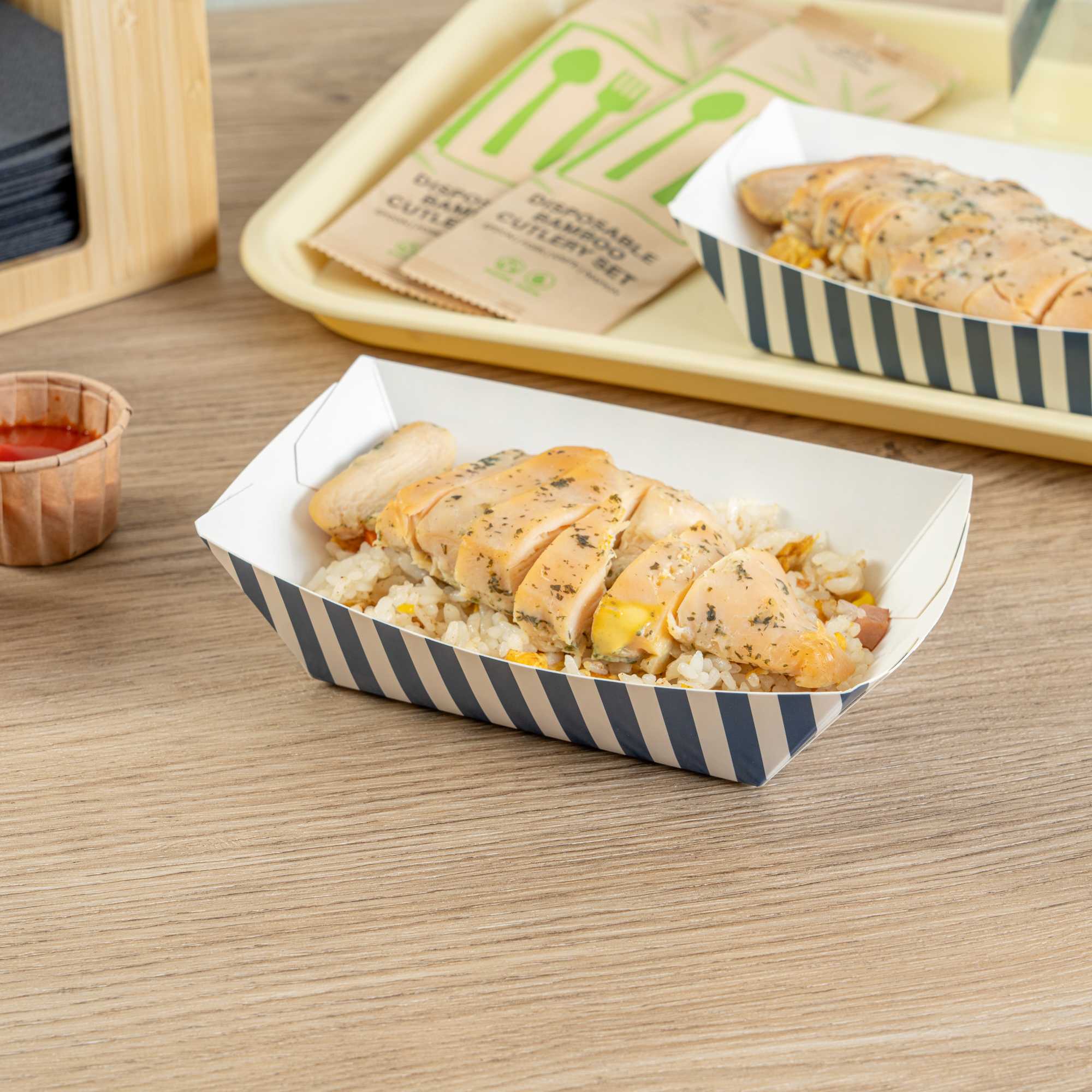 Bio Tek 1/2 lb Blue and White Stripe Paper #50 Food Tray / Boat - 4 1/4" x 2 3/4" x 1 1/2" - 50 count box