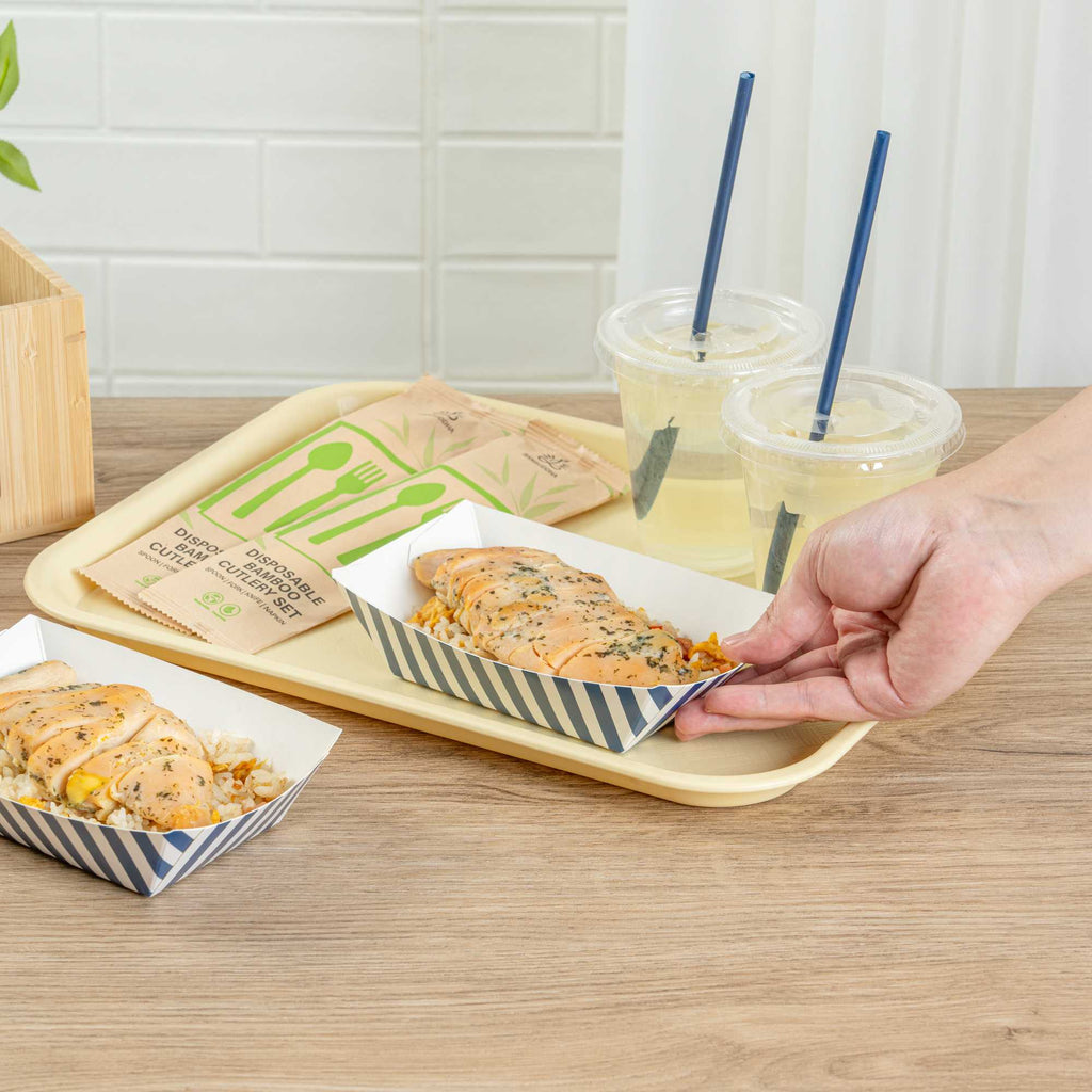 Bio Tek 1/2 lb Blue and White Stripe Paper #50 Food Tray / Boat - 4 1/4" x 2 3/4" x 1 1/2" - 50 count box