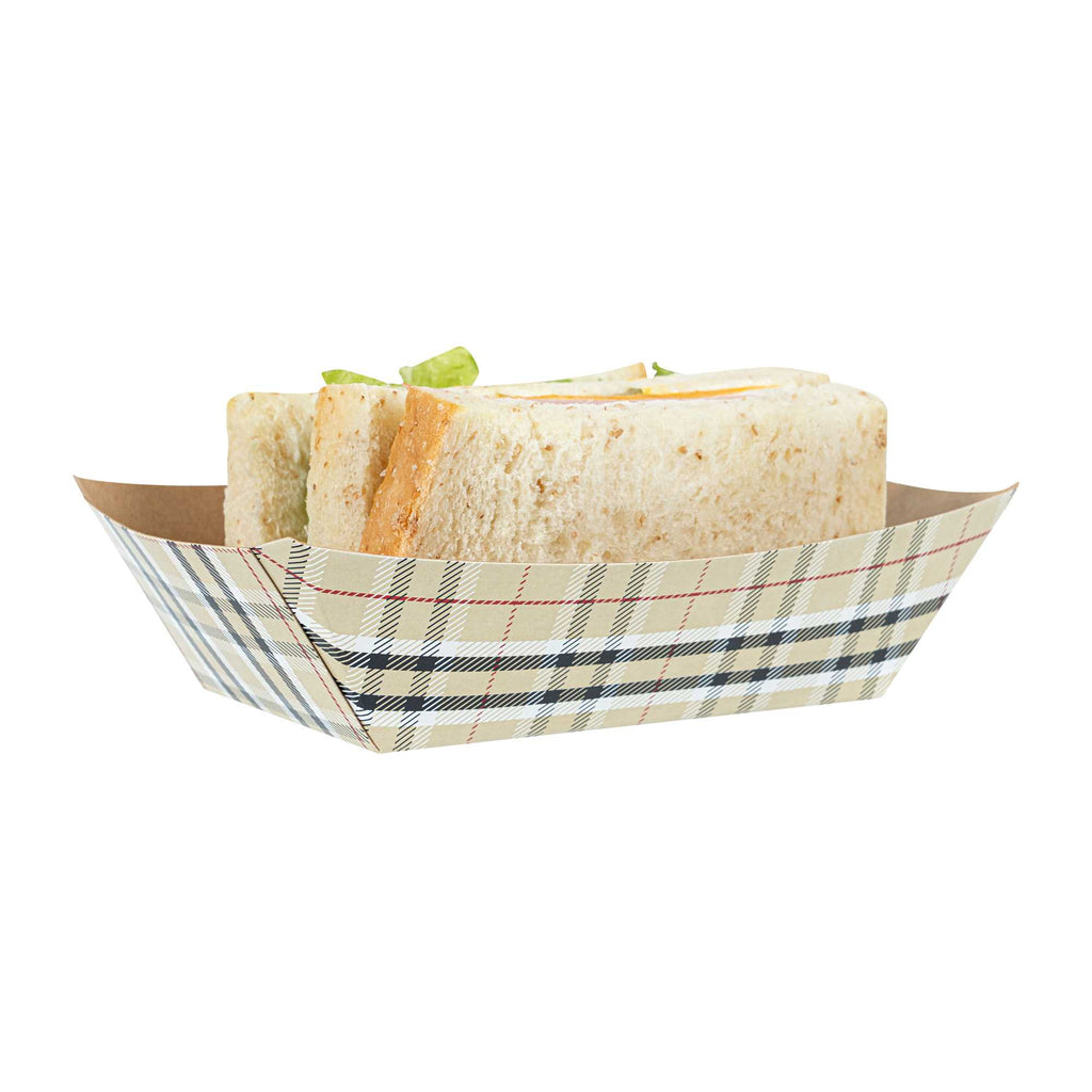 Bio Tek 1/2 lb Plaid Paper #50 Food Tray / Boat - 4 1/4" x 2 3/4" x 1 1/2" - 50 count box