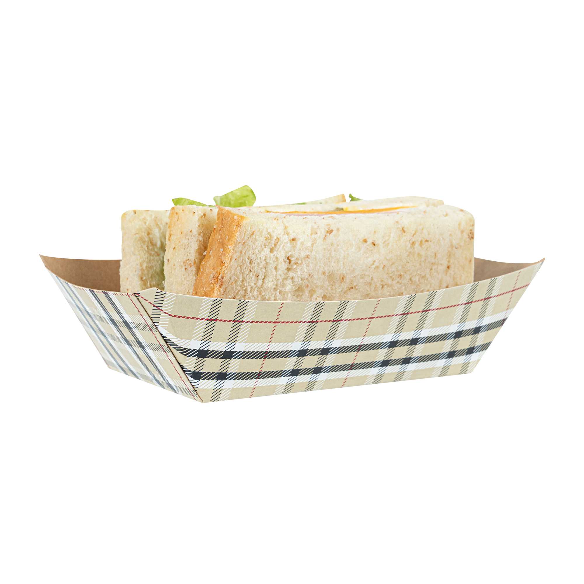 Bio Tek 1/2 lb Plaid Paper #50 Food Tray / Boat - 4 1/4" x 2 3/4" x 1 1/2" - 50 count box