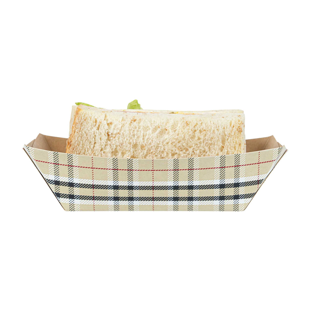 Bio Tek 1/2 lb Plaid Paper #50 Food Tray / Boat - 4 1/4" x 2 3/4" x 1 1/2" - 50 count box